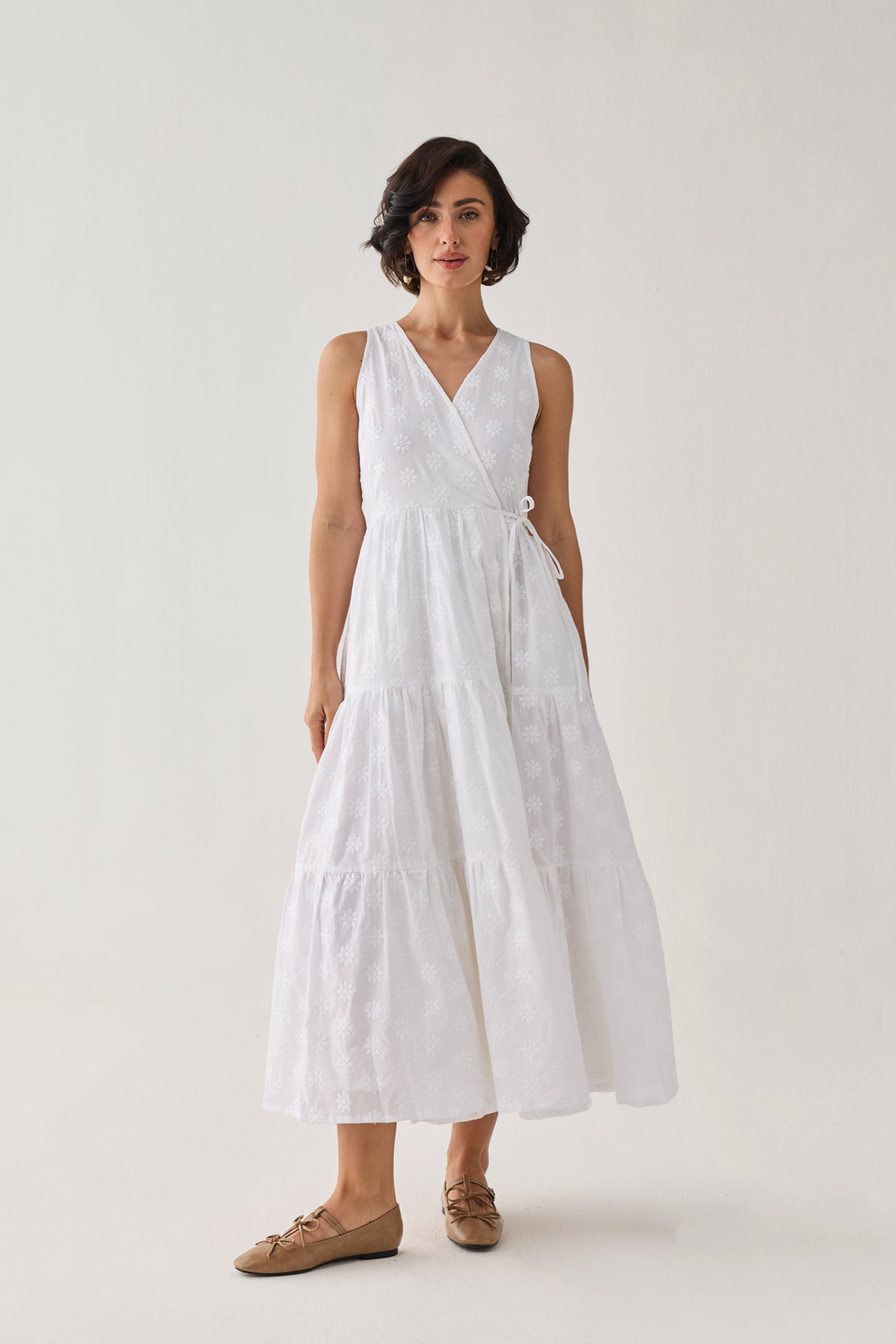Tiered Wrap Maxi Dress for Women — Reistor White Embroidered Cotton / L