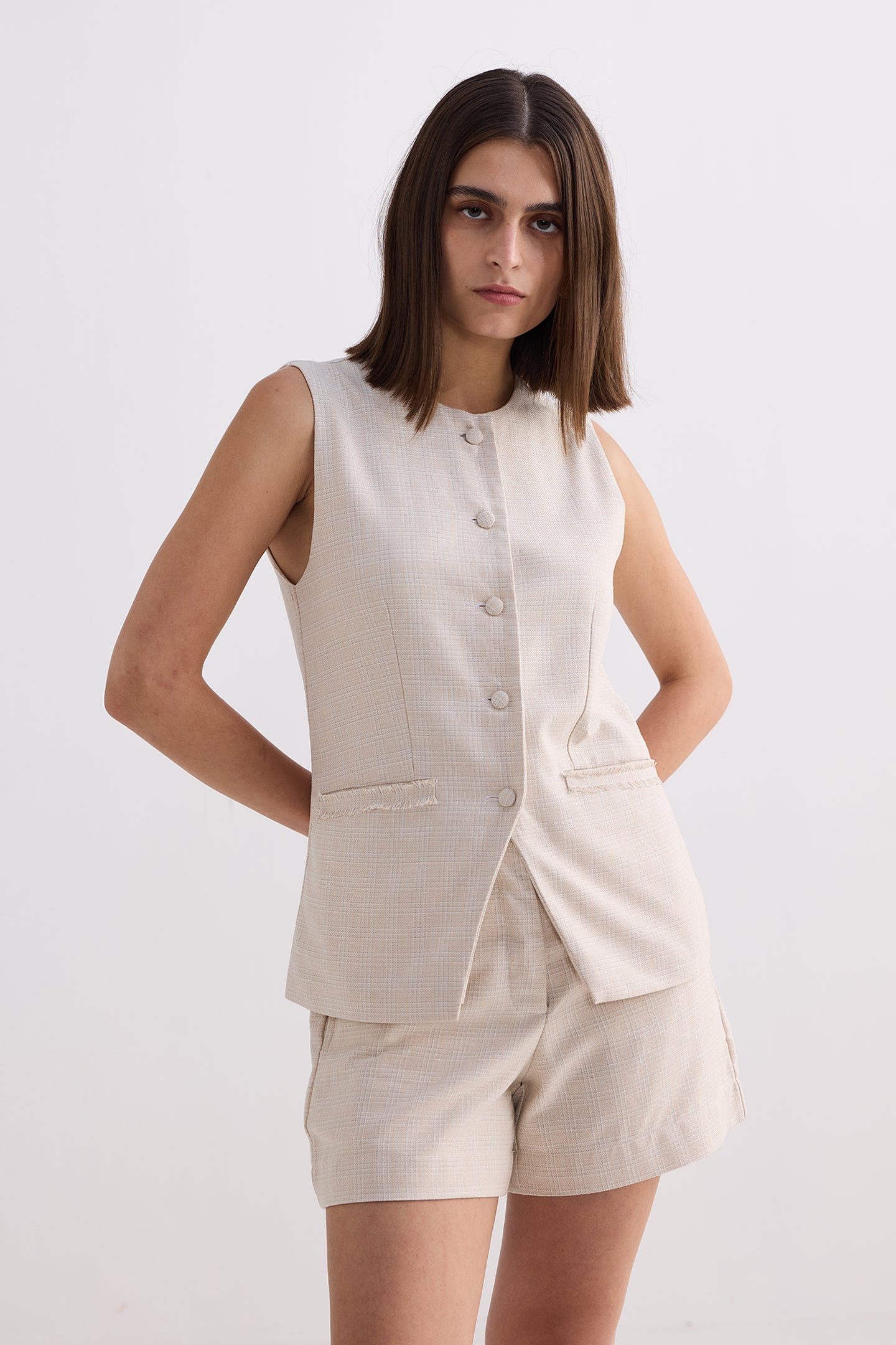 Cotton Tweed Vest Jacket Set in Cream Front