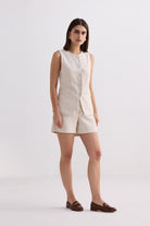 Cotton Tweed Vest Jacket Set in Cream Front