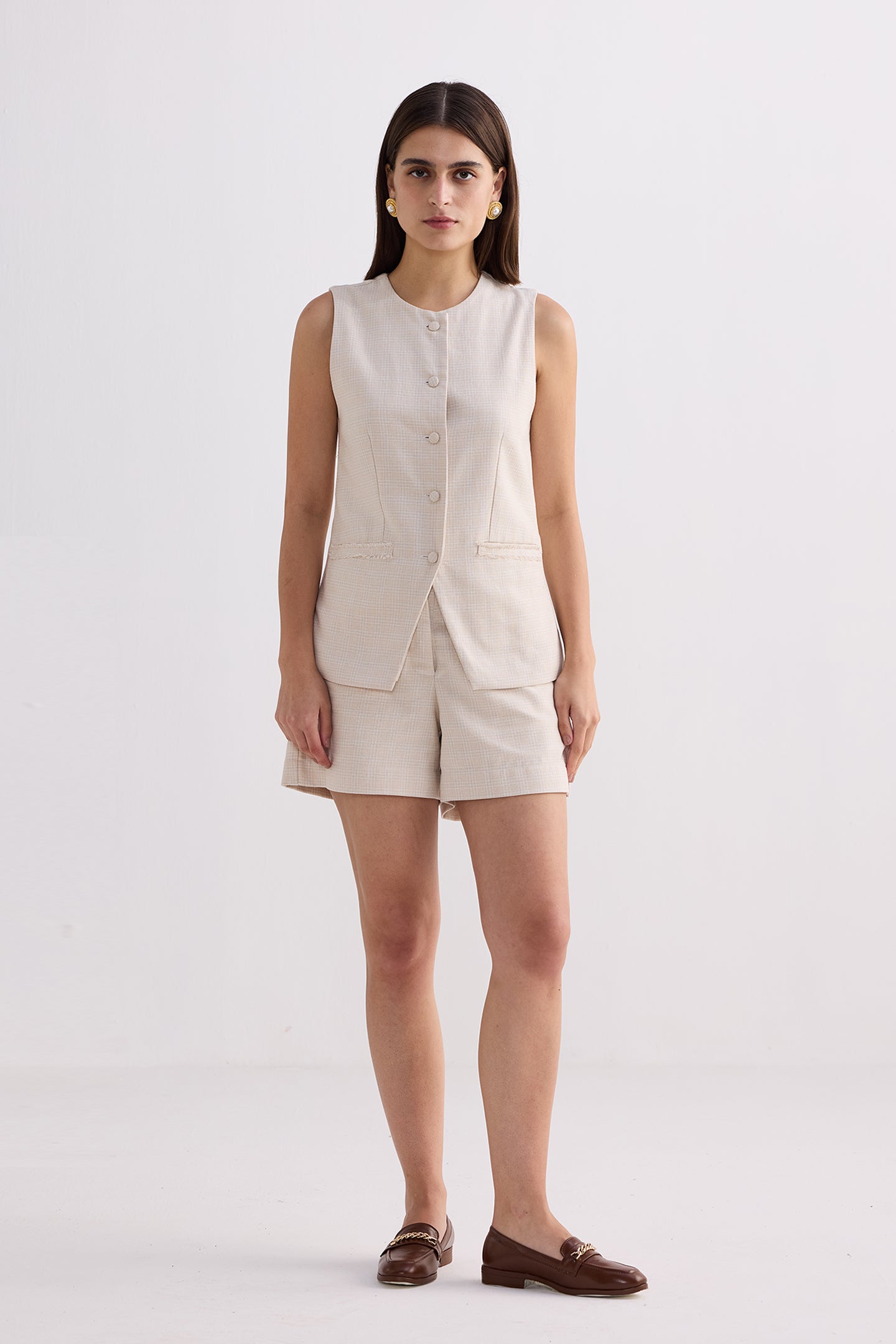 Cotton Tweed Vest Jacket Set in Cream - demo Front