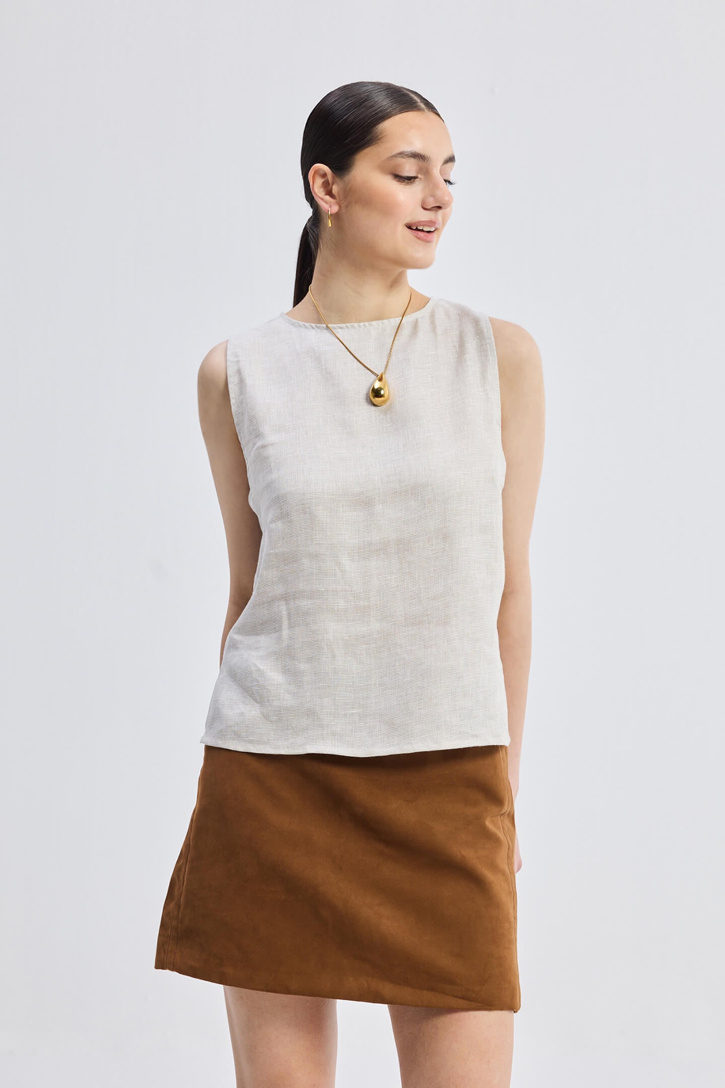 Boat Neck Top in Checkered Linen Front