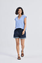 Boxy V-neck Top with Fray Detail