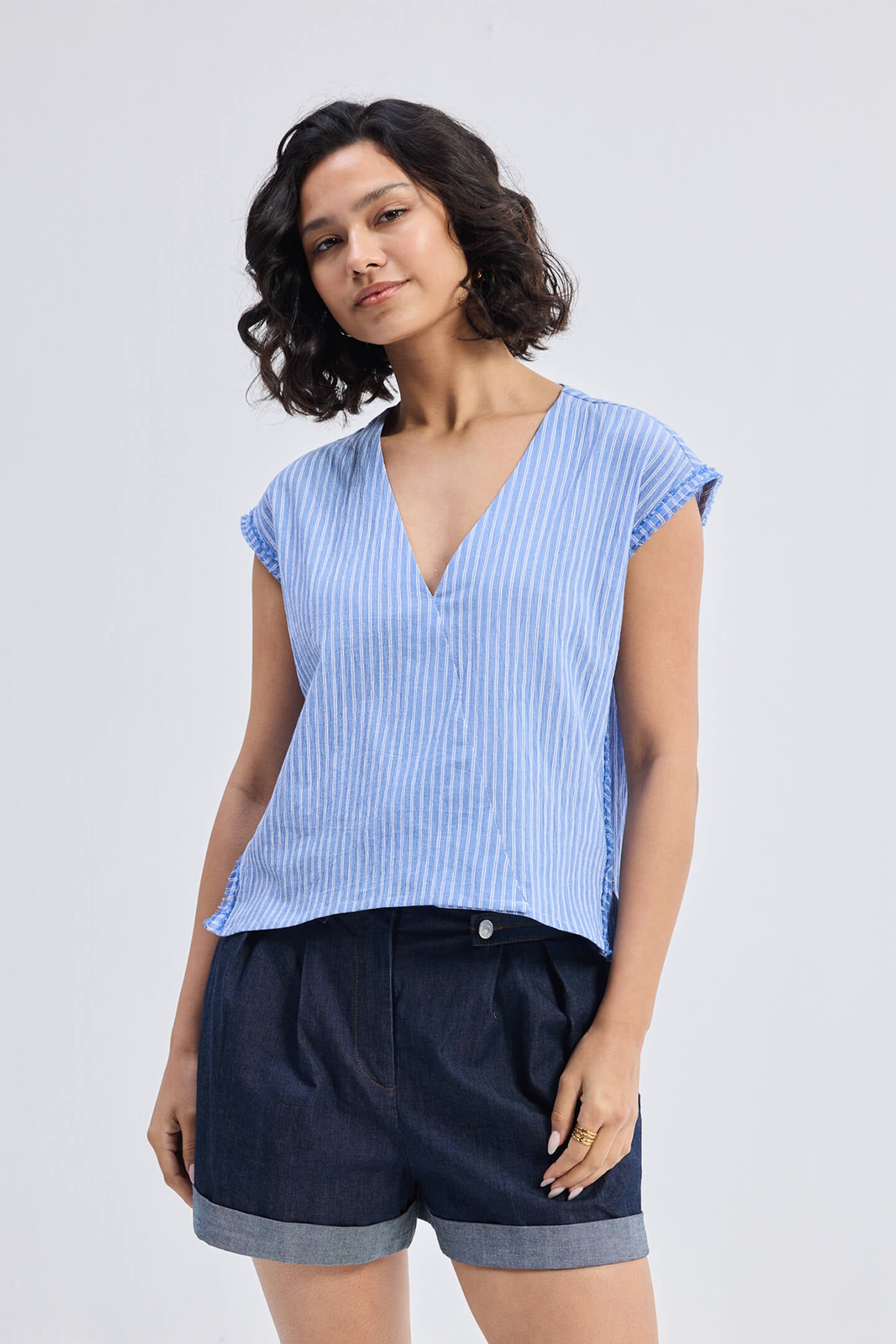 Boxy V-neck Top with Fray Detail