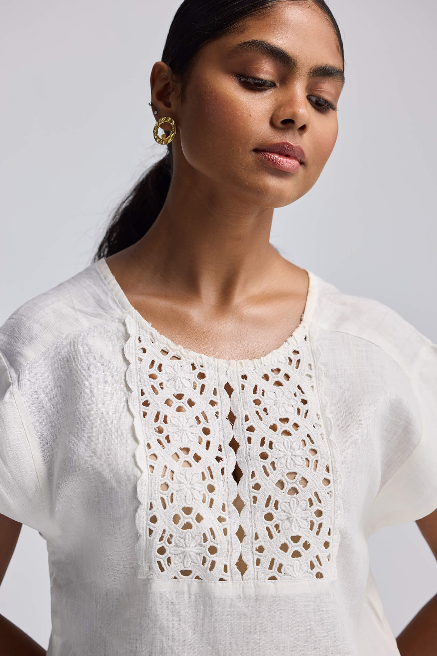 Boxy Top with Embroidered Lace Detail Closeup