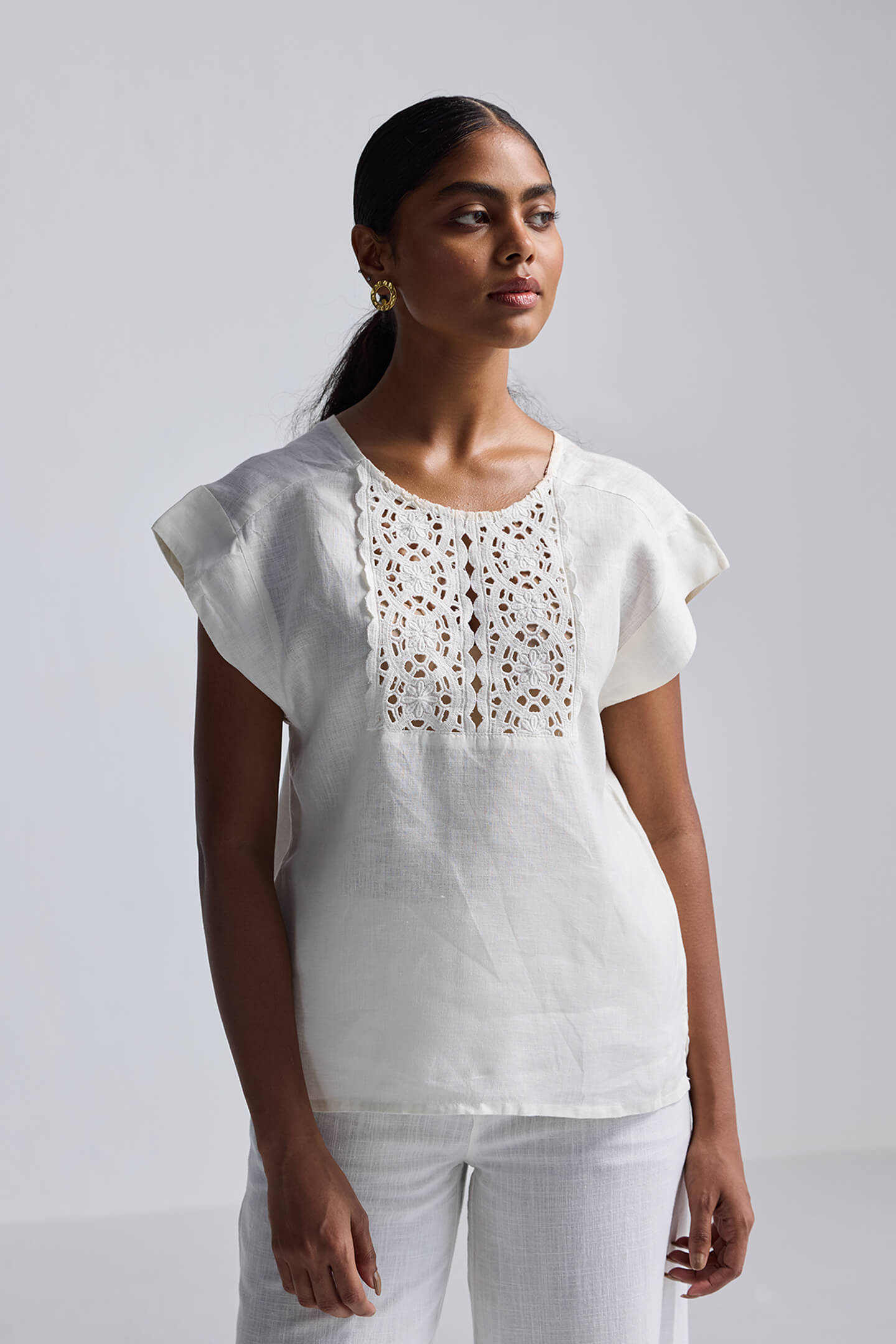 Boxy Top with Embroidered Lace Detail