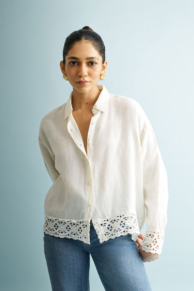 Reistor Button Down with Lace Shirt in Off White Shell Off White L