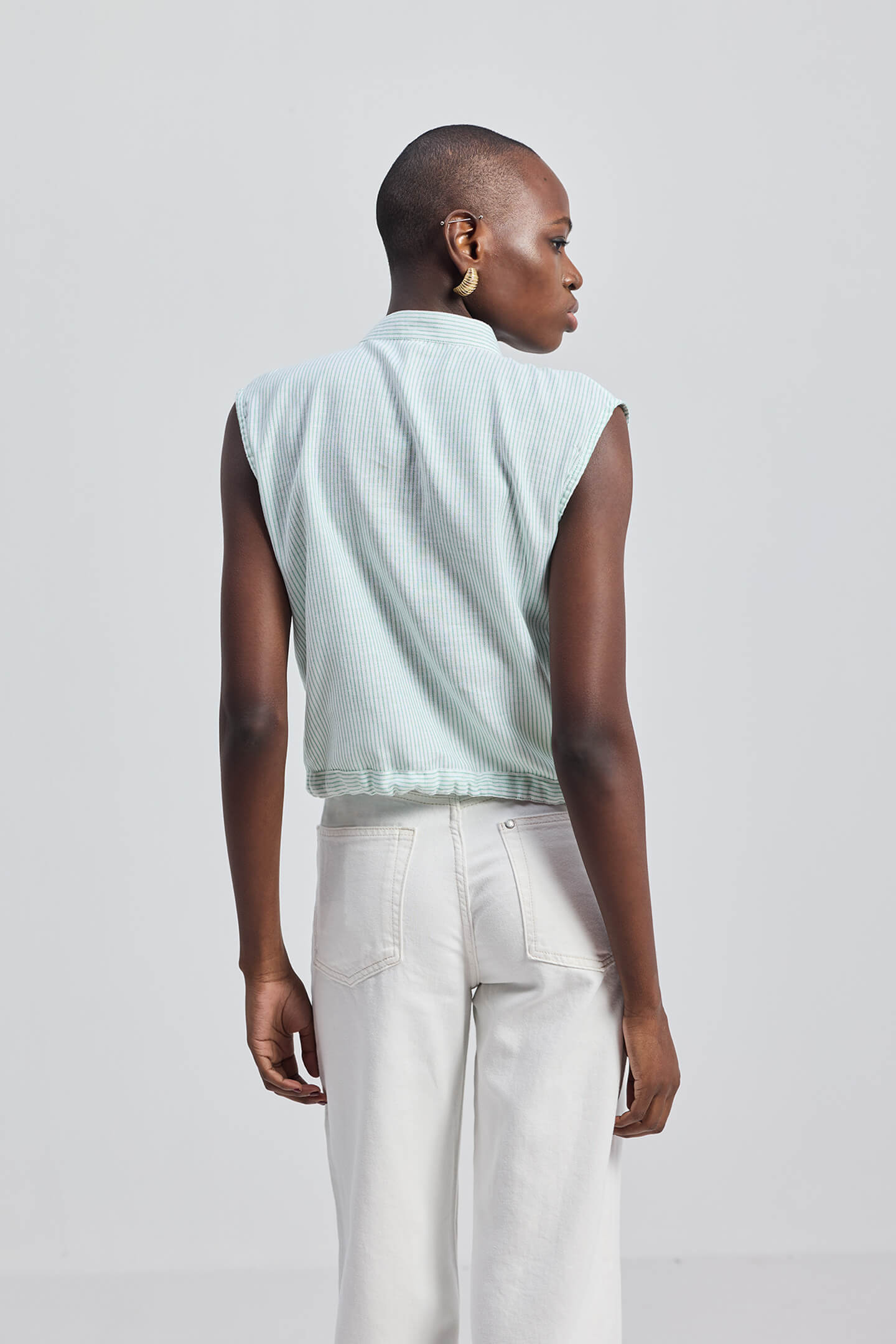 Button-down Shirt with Waist Drawstring in Stripes Back