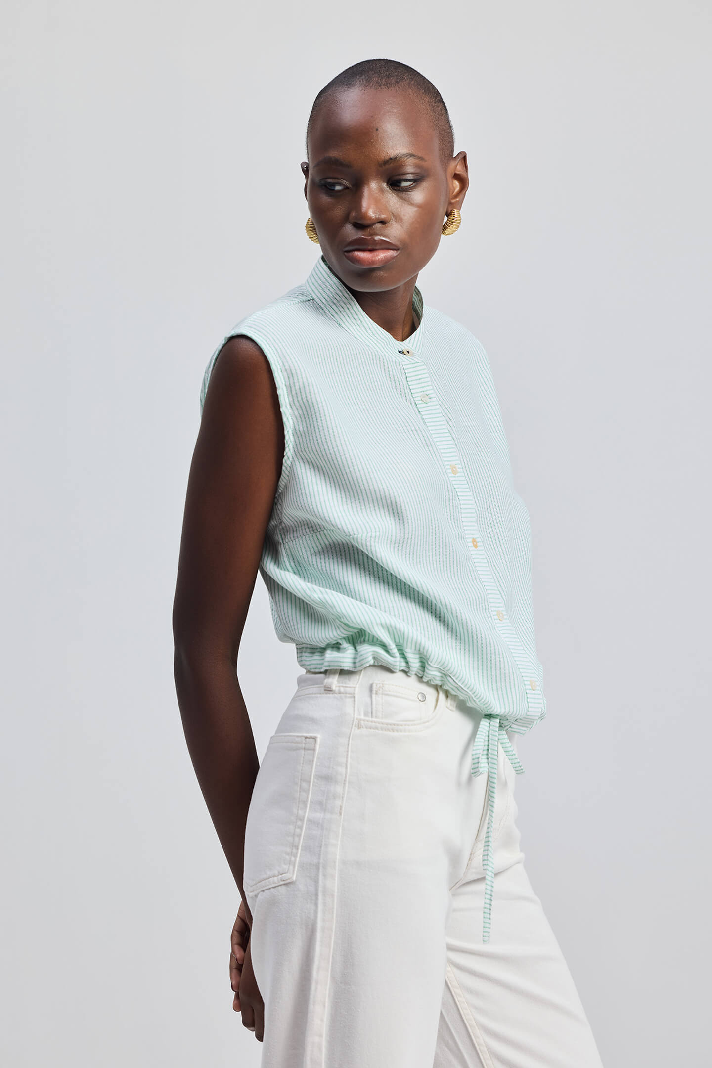 Button-down Shirt with Waist Drawstring in Stripes Side