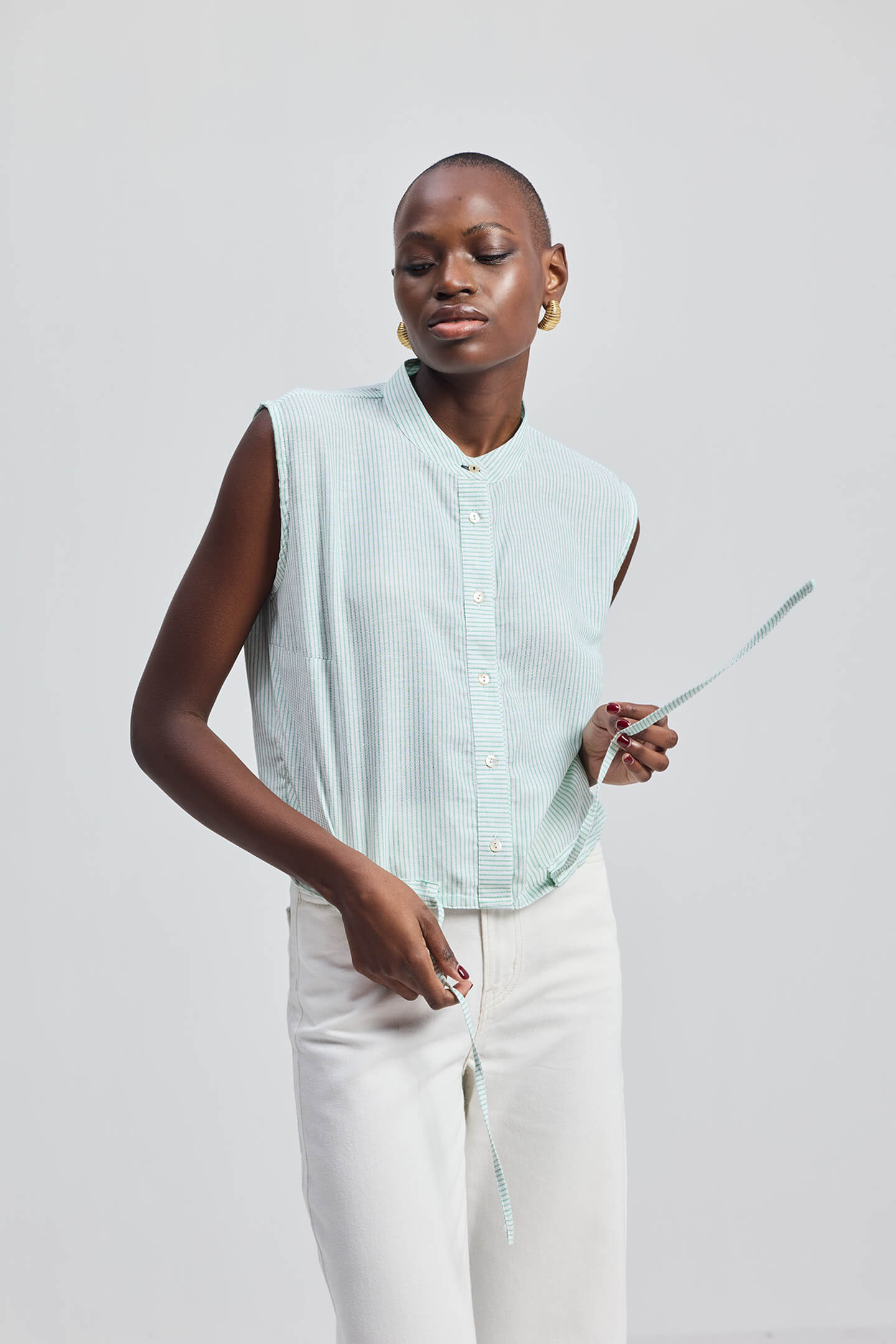 Button-down Shirt with Waist Drawstring in Stripes Front