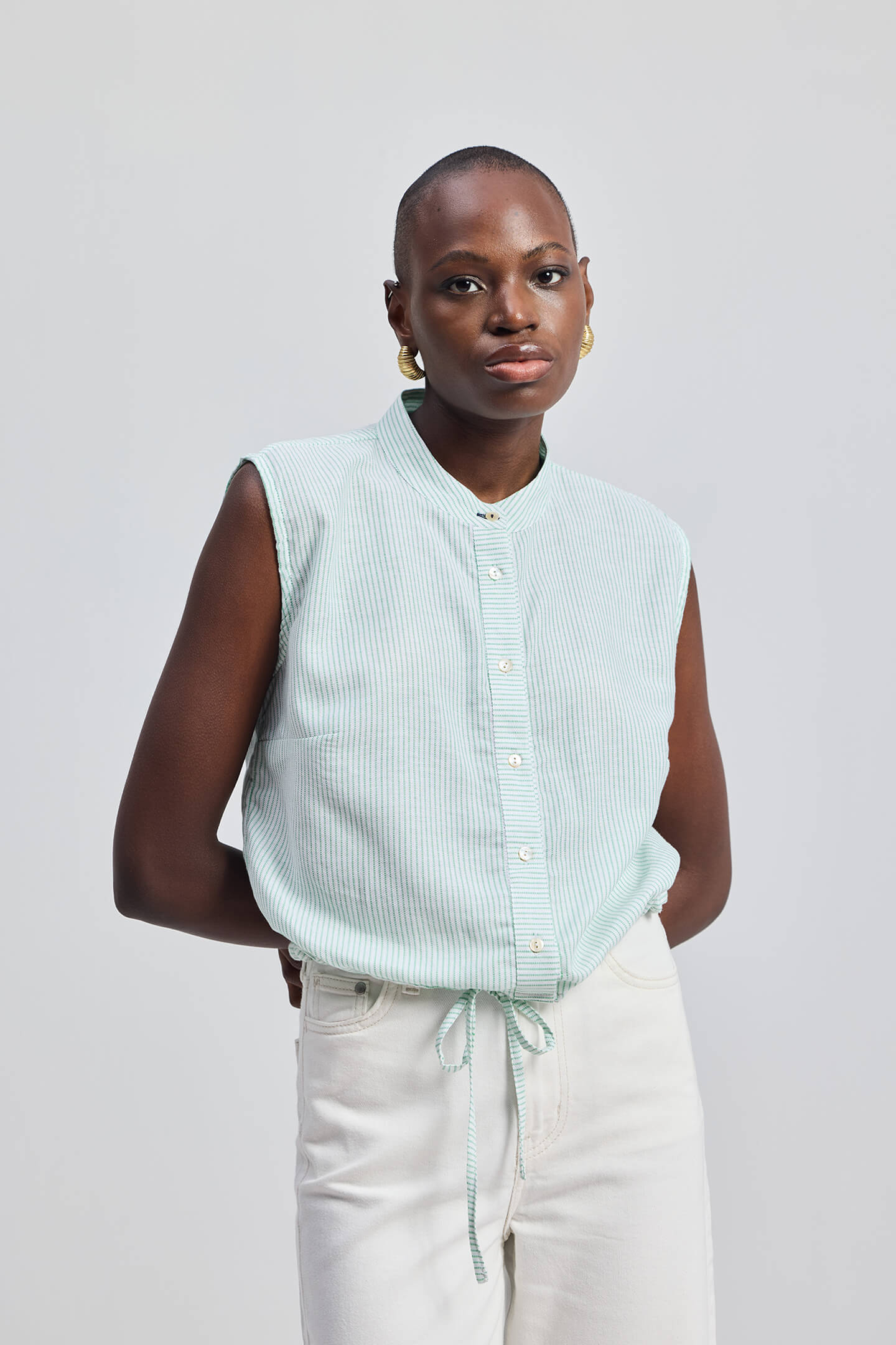 Button-down Shirt with Waist Drawstring in Stripes Front