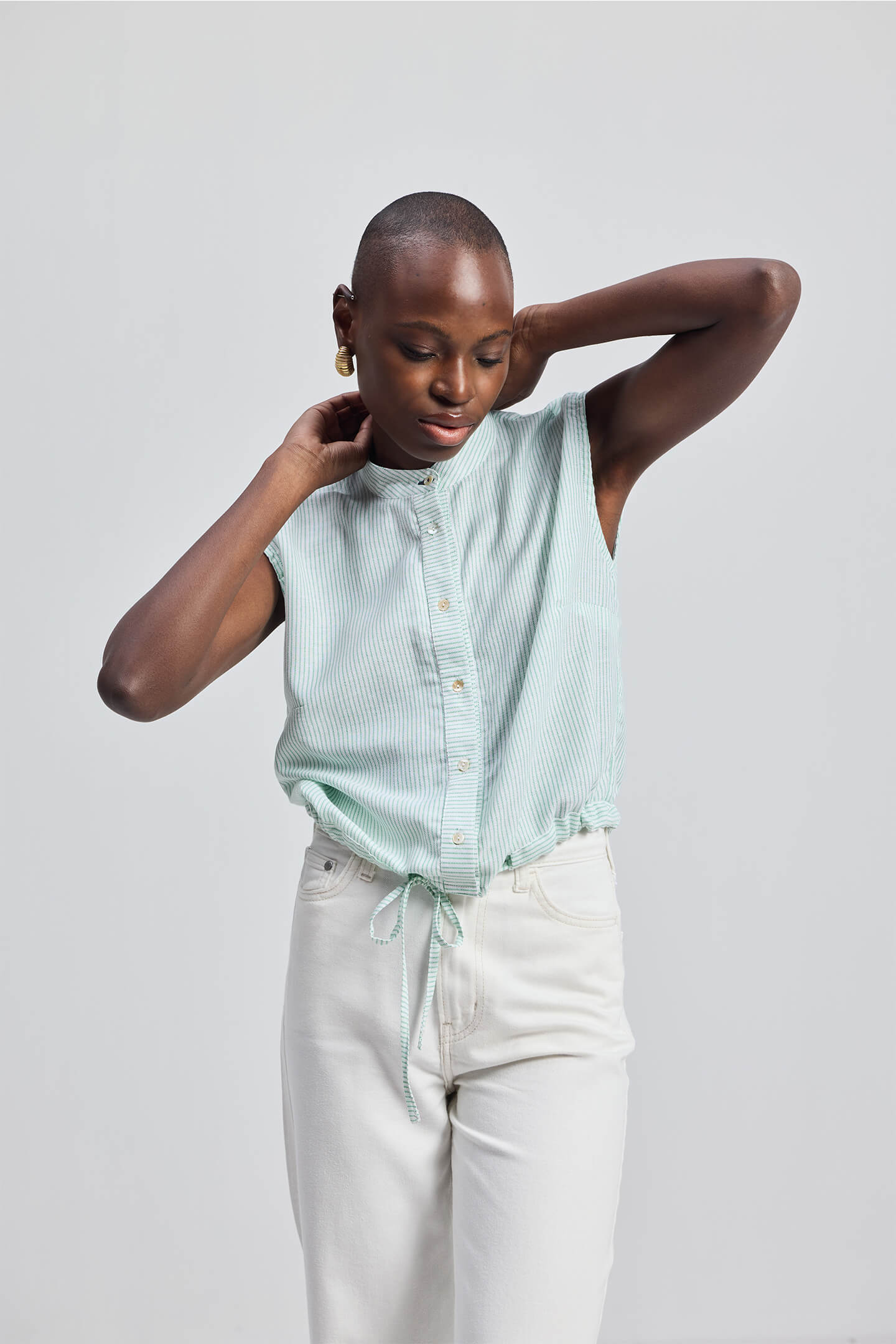 Button-down Shirt with Waist Drawstring in Stripes Moodshot