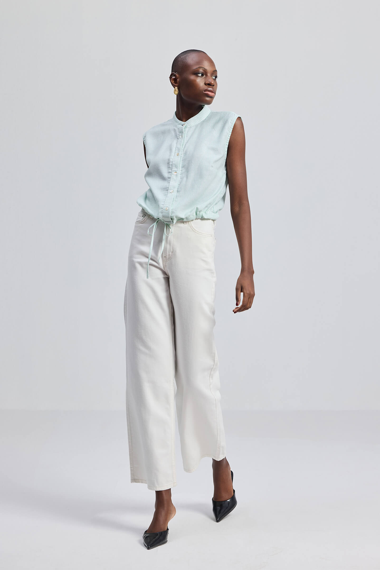 Button-down Shirt with Waist Drawstring in Stripes Front