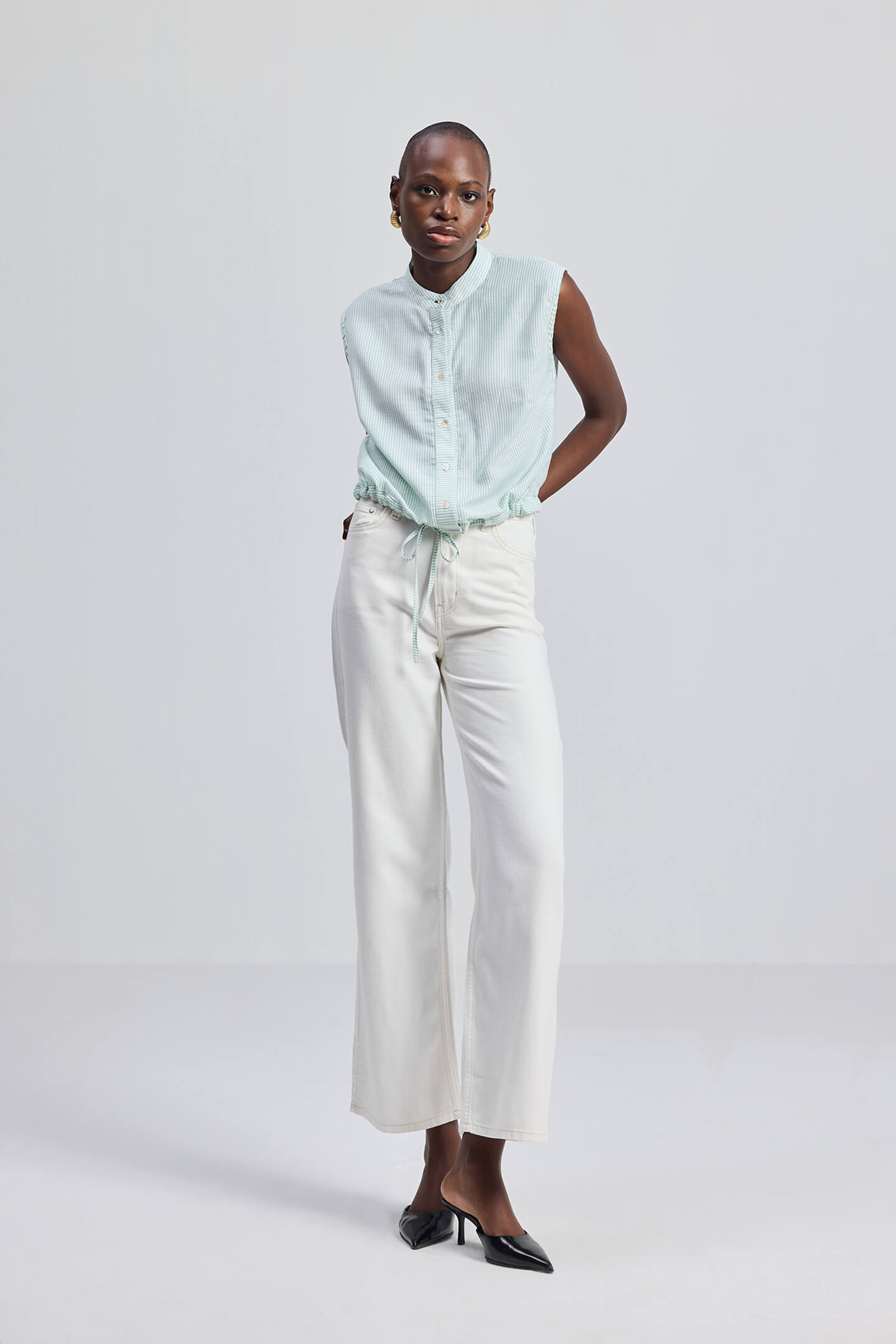 Button-down Shirt with Waist Drawstring in Stripes Front