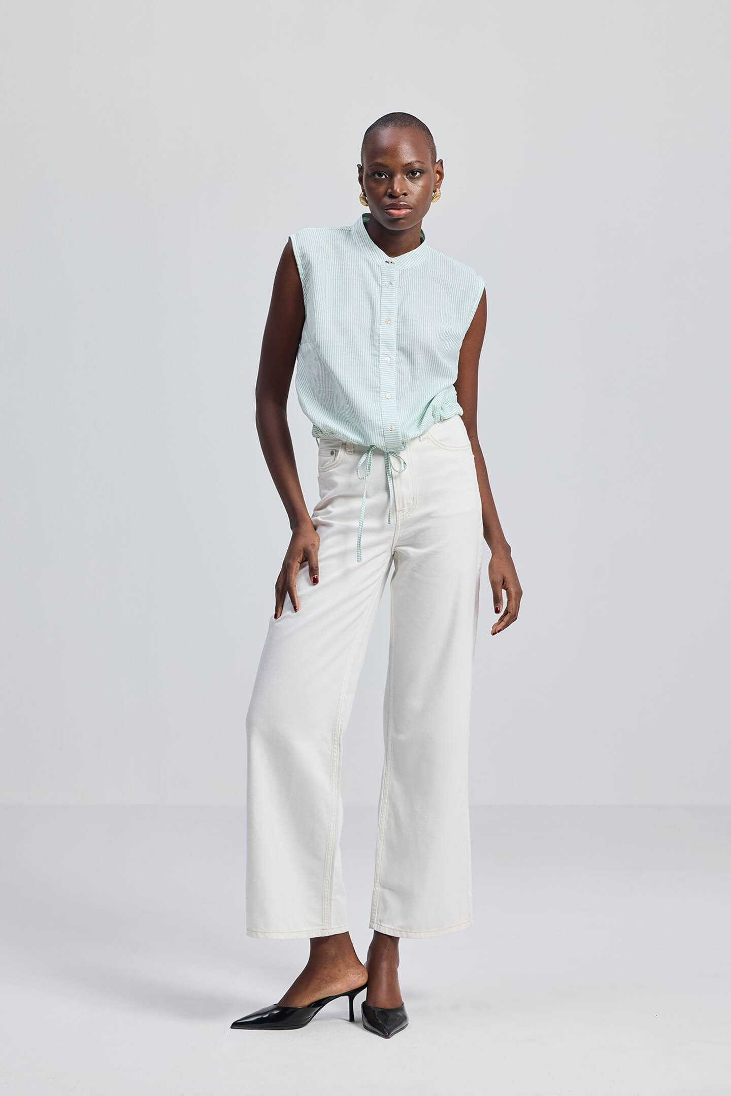 Button-down Shirt with Waist Drawstring in Stripes Front