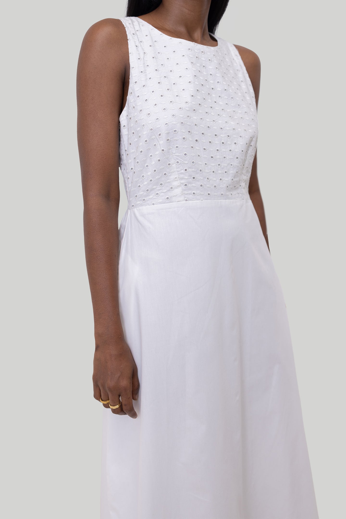 Cross-back Midi Dress in Eyelet Embroidery Reistor Cross-back Midi Dress in Eyelet Embroidery Reistor