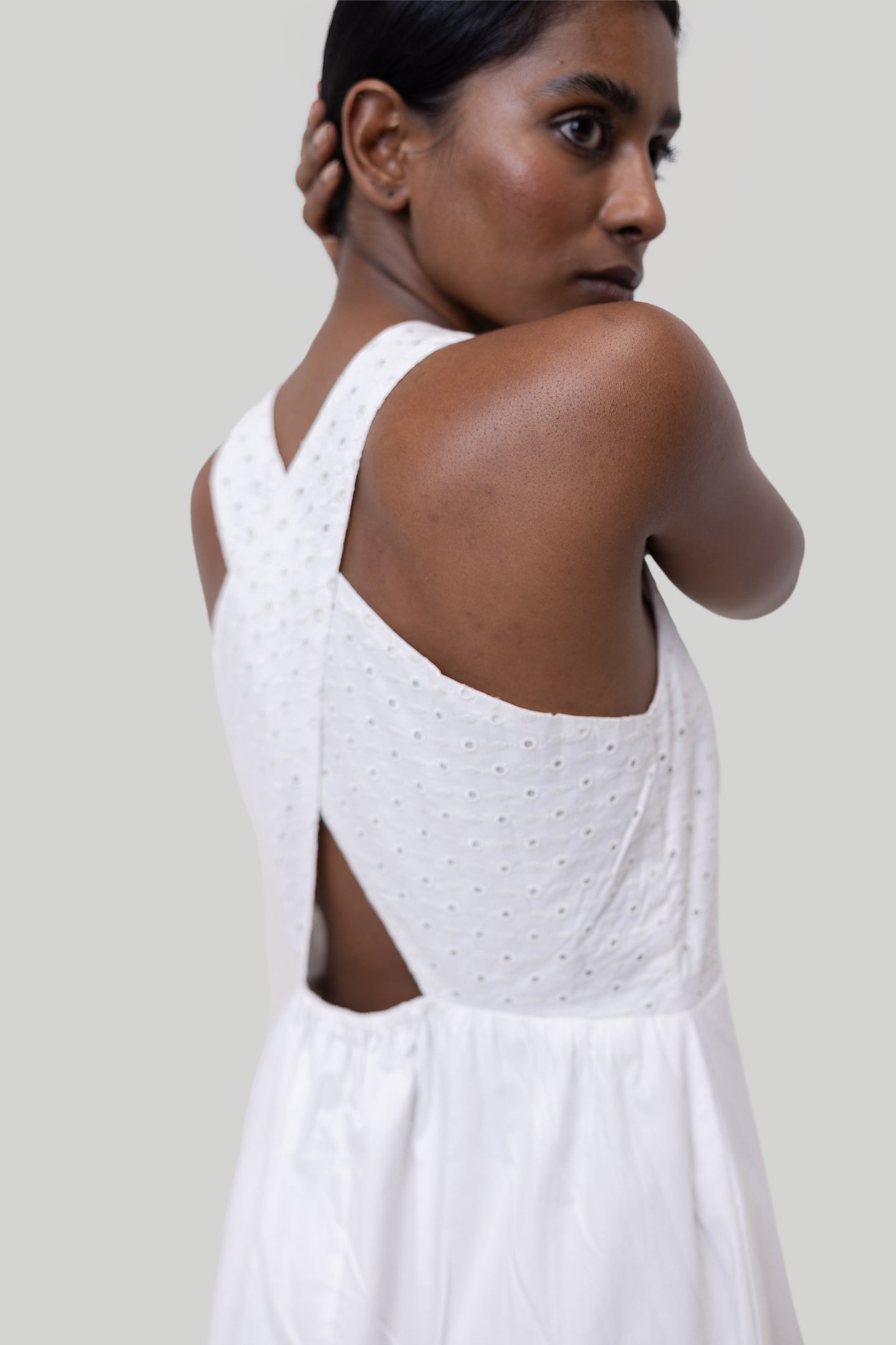 Cross-back Midi Dress in Eyelet Embroidery