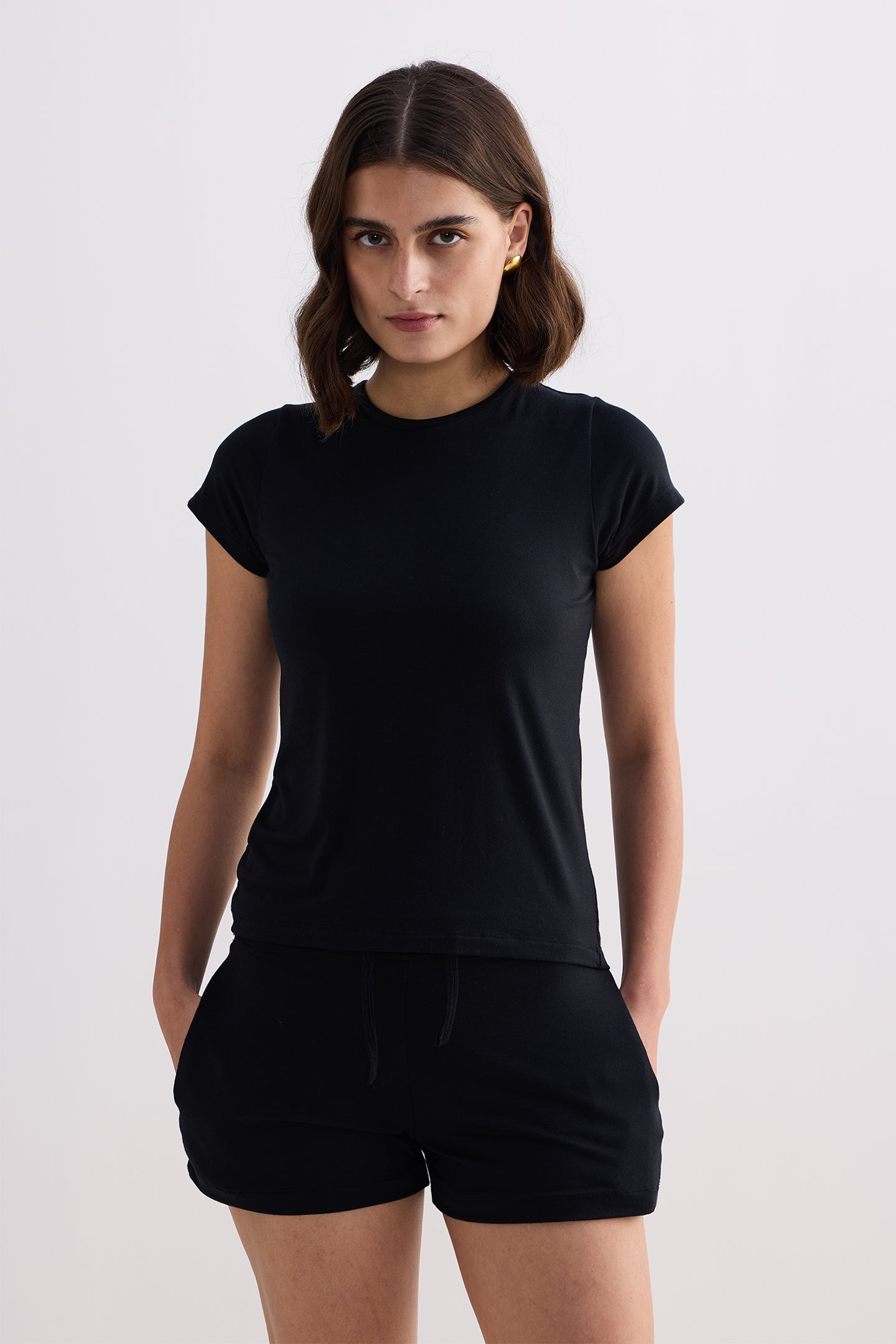 Essential Short Sleeve Tee Set in Black Front