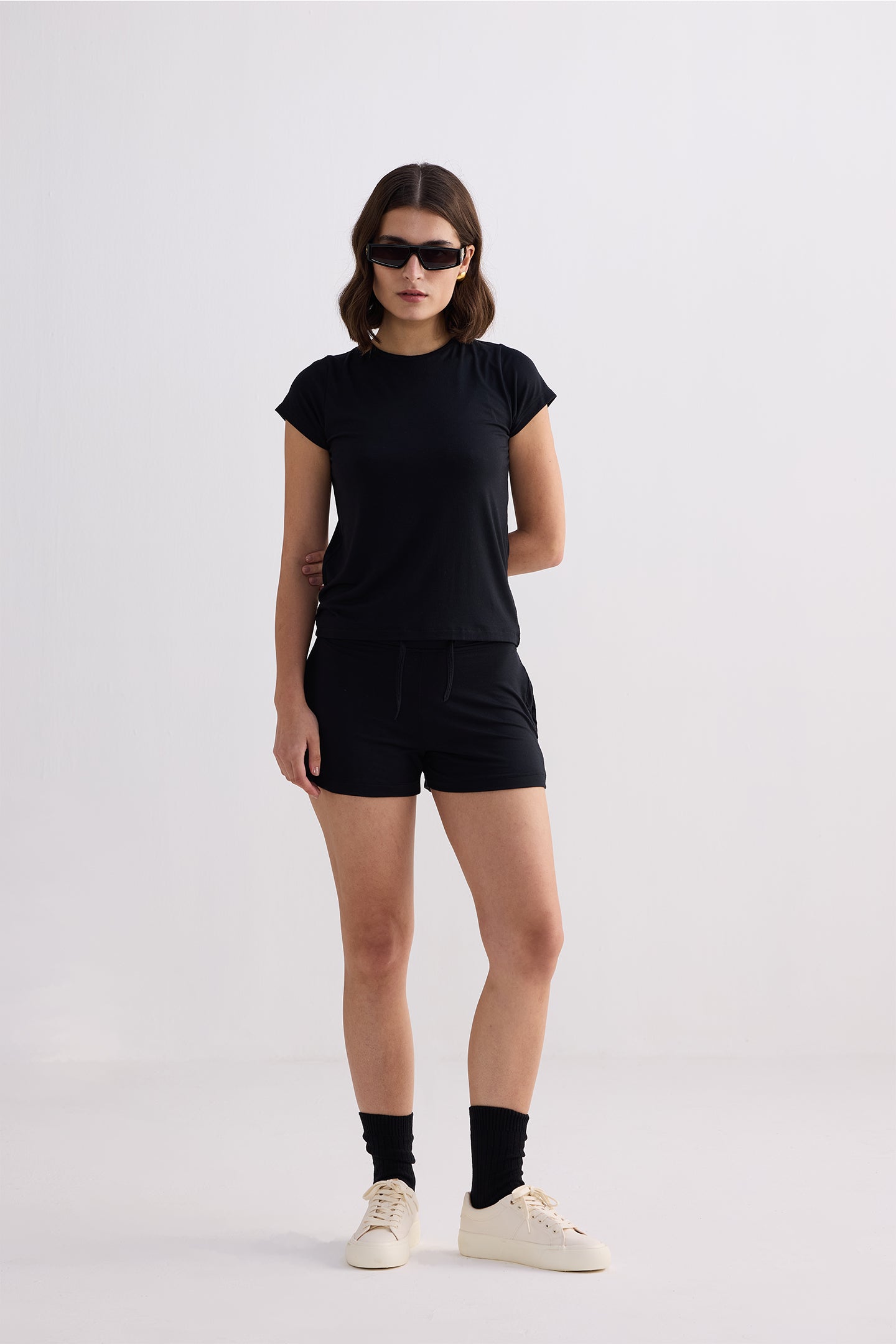 Essential Short Sleeve Tee Set in Black Front