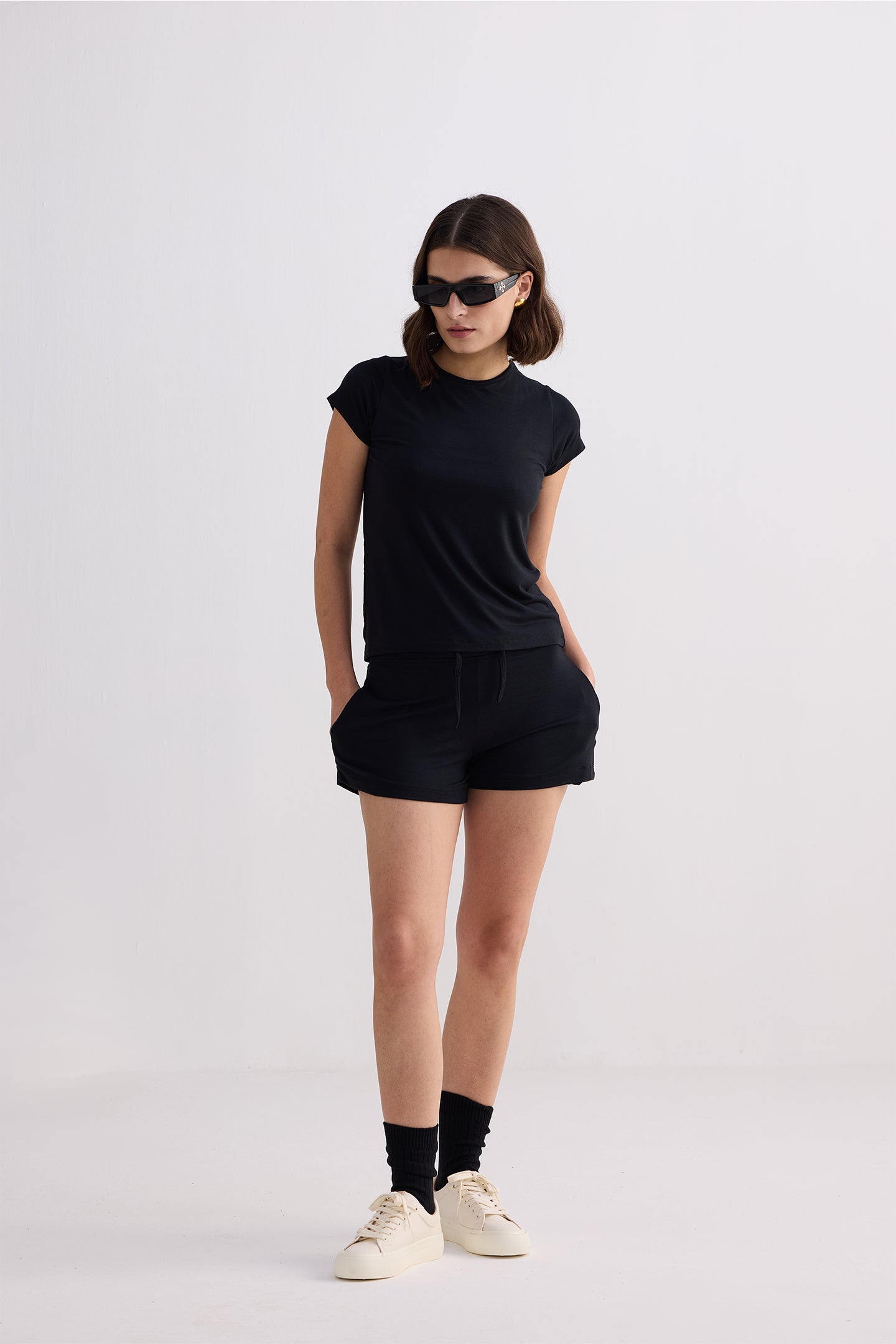 Essential Short Sleeve Tee Set in Black Front