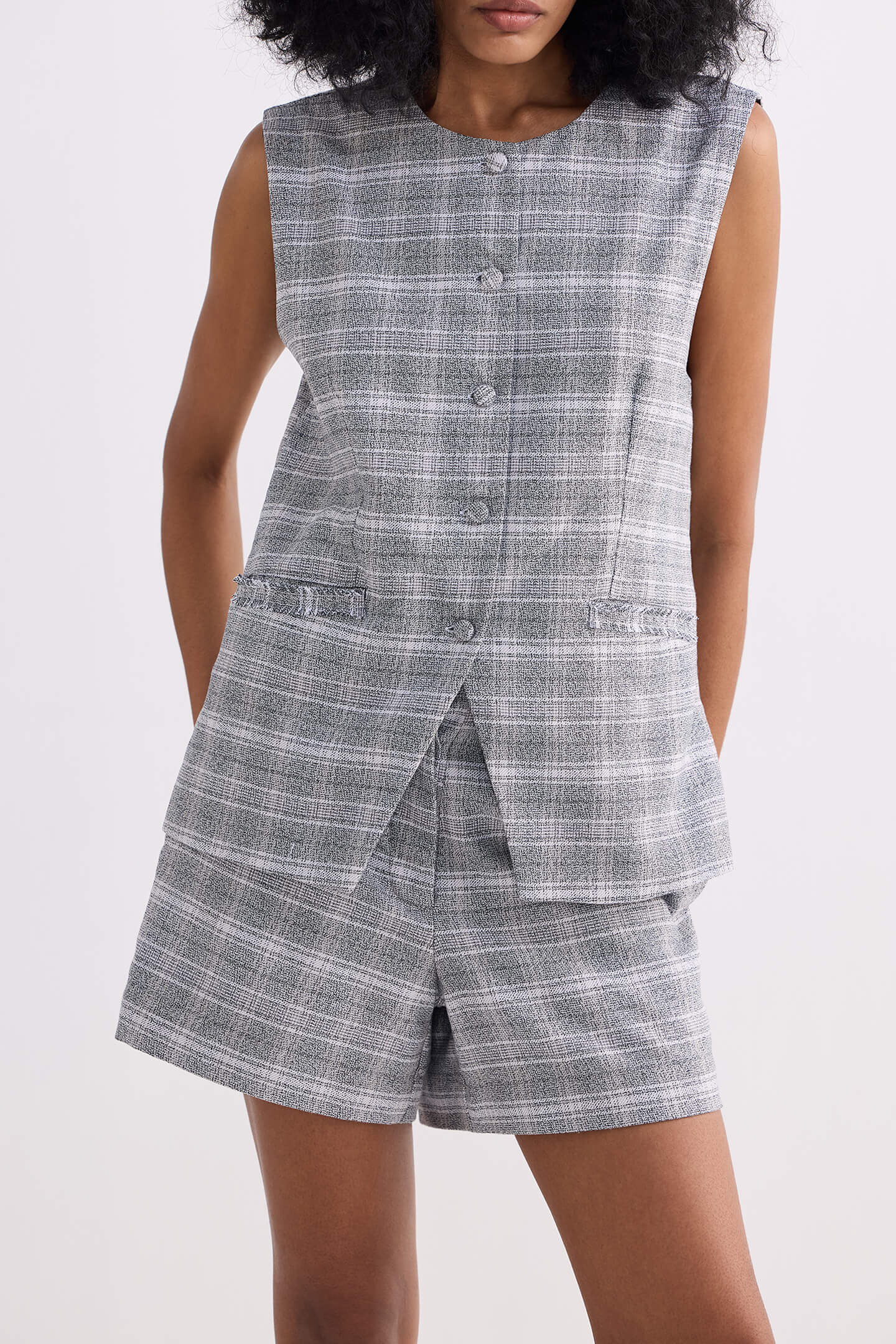 Cotton Tweed Vest Jacket in Grey Closeup