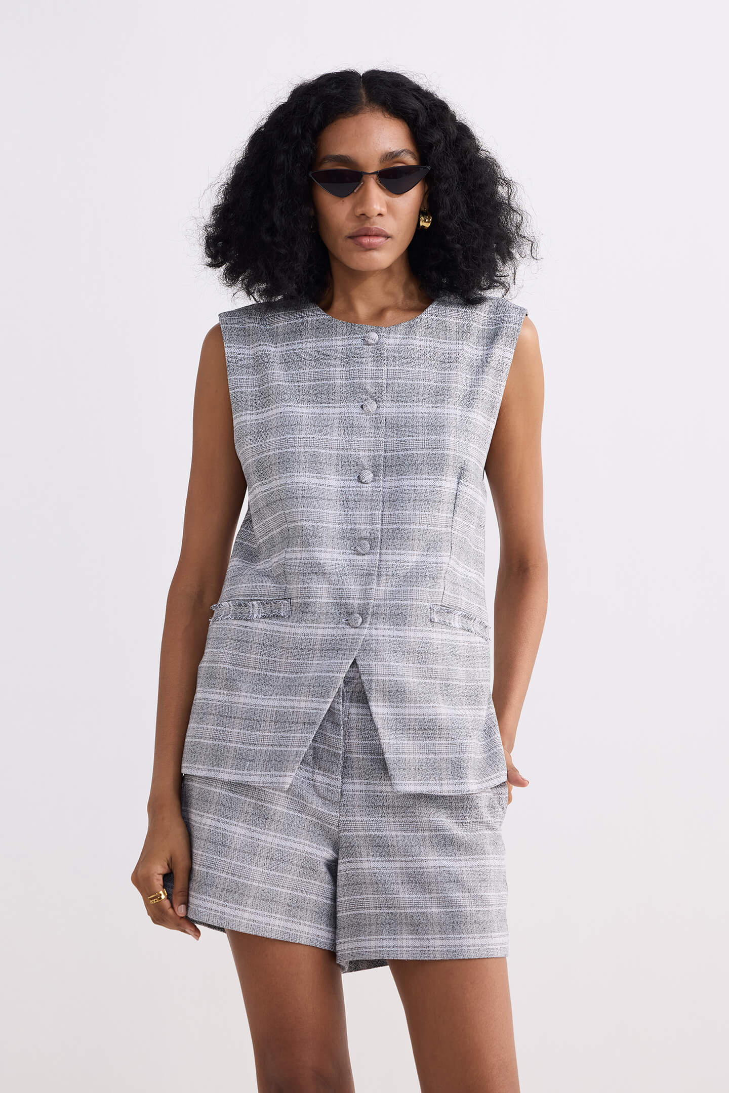 Cotton Tweed Vest Jacket in Grey Front
