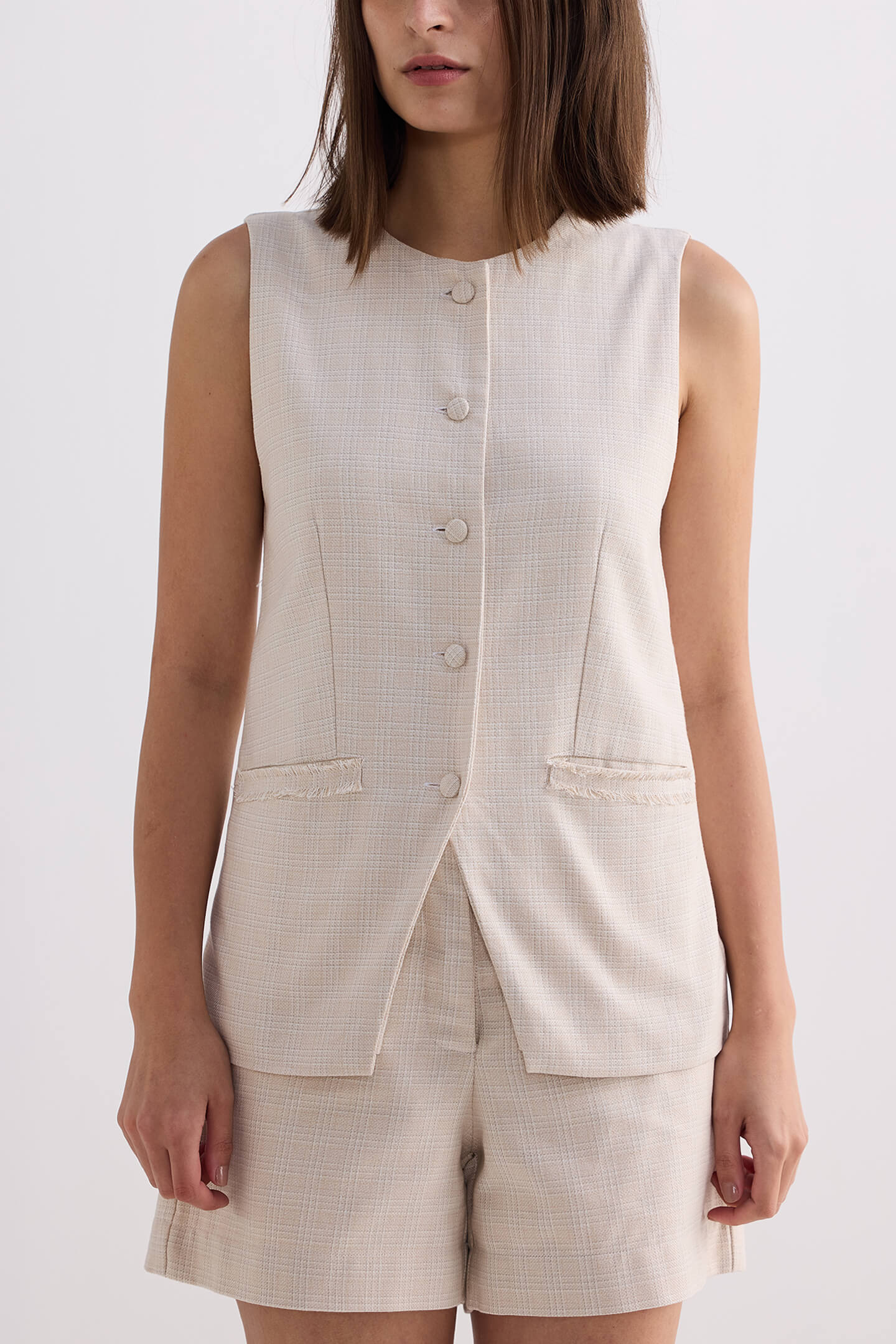 Cotton Tweed Vest Jacket in Cream