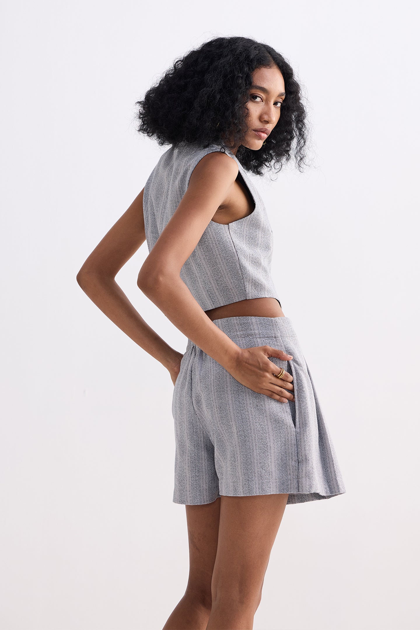 Cropped Cotton Tweed Vest Set in Grey Side 