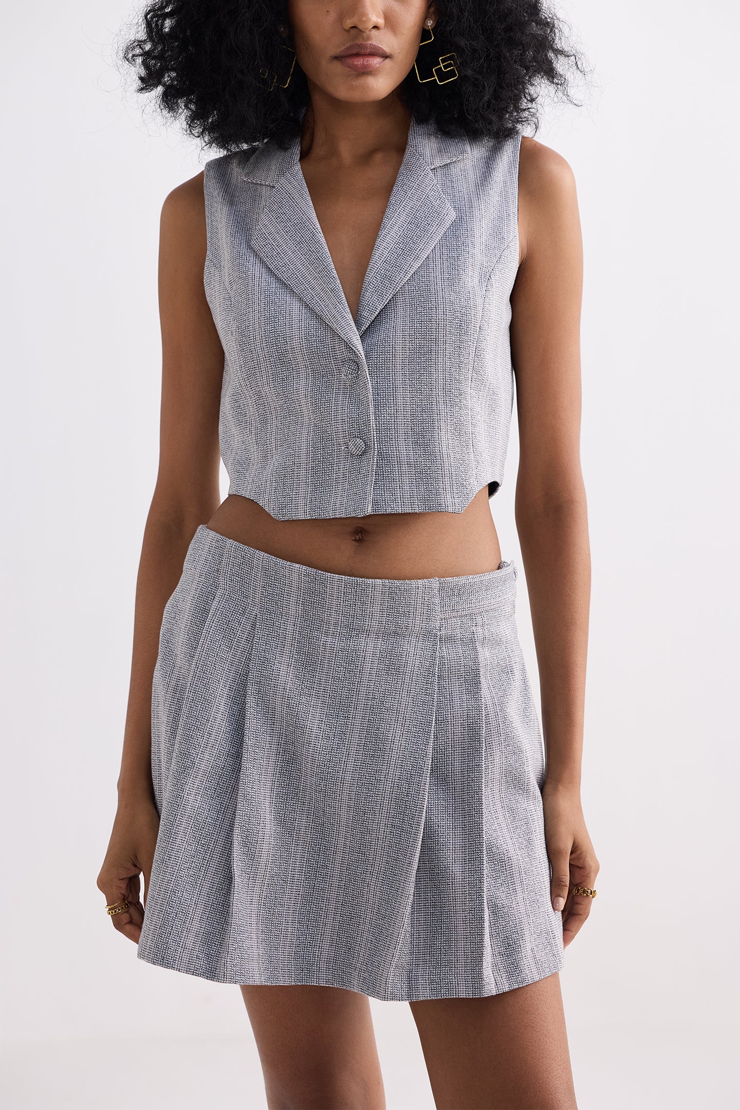 Cropped Cotton Tweed Vest Set in Grey Front