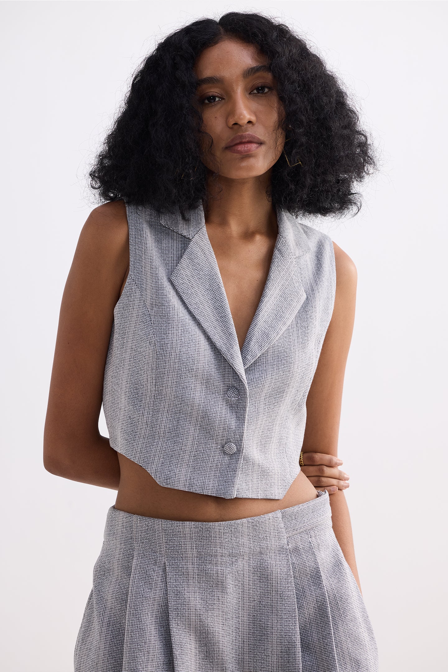 Cropped Cotton Tweed Vest Set in Grey Closeup