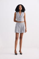 Cropped Cotton Tweed Vest Set in Grey Front