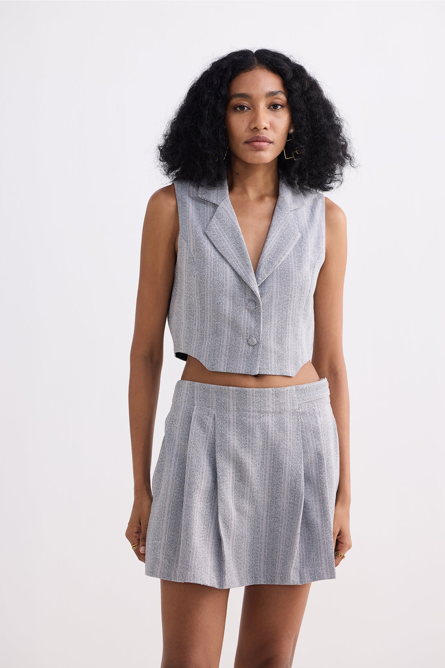 Cropped Cotton Tweed Vest Set in Grey Front