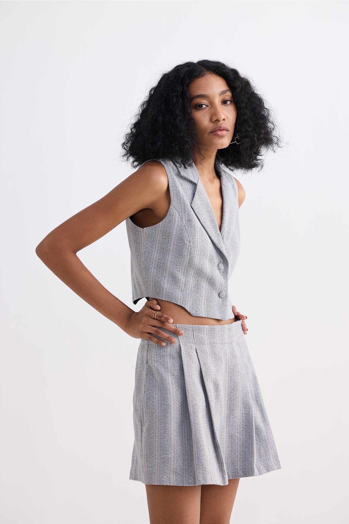 Cropped Cotton Tweed Vest Set in Grey Side