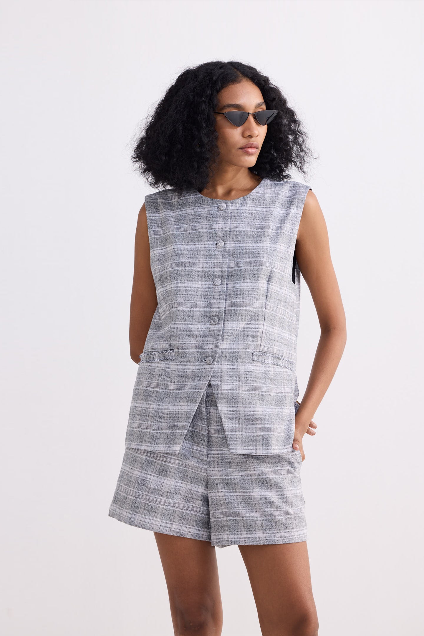 Cotton Tweed Vest Jacket in Grey Front