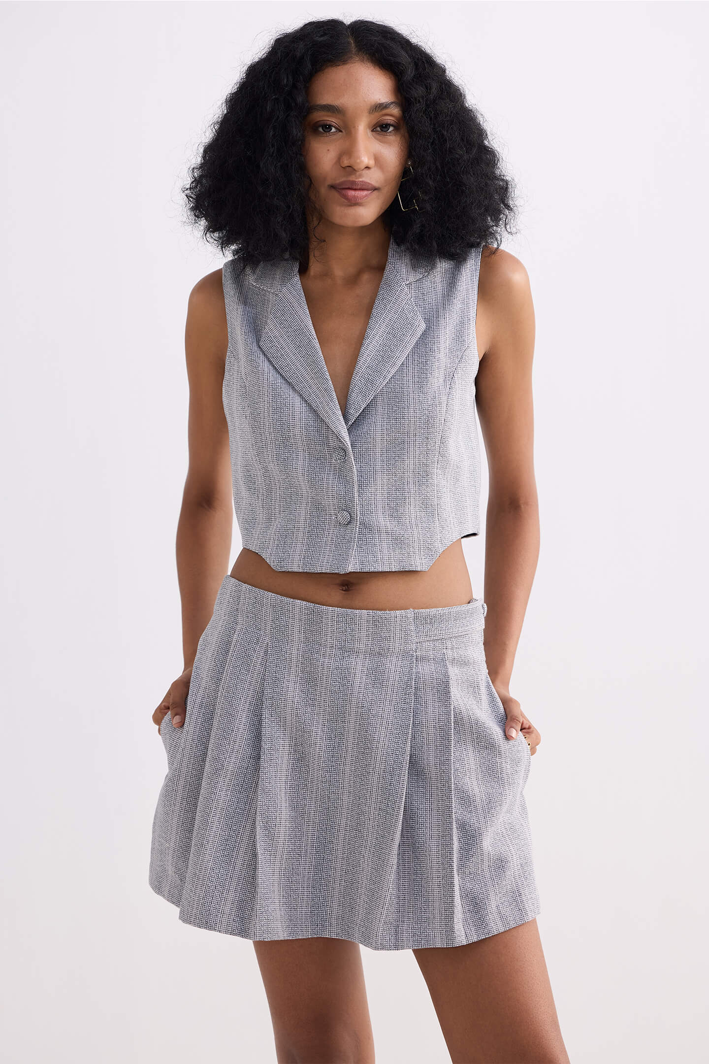Cropped Cotton Tweed Vest in Grey Front