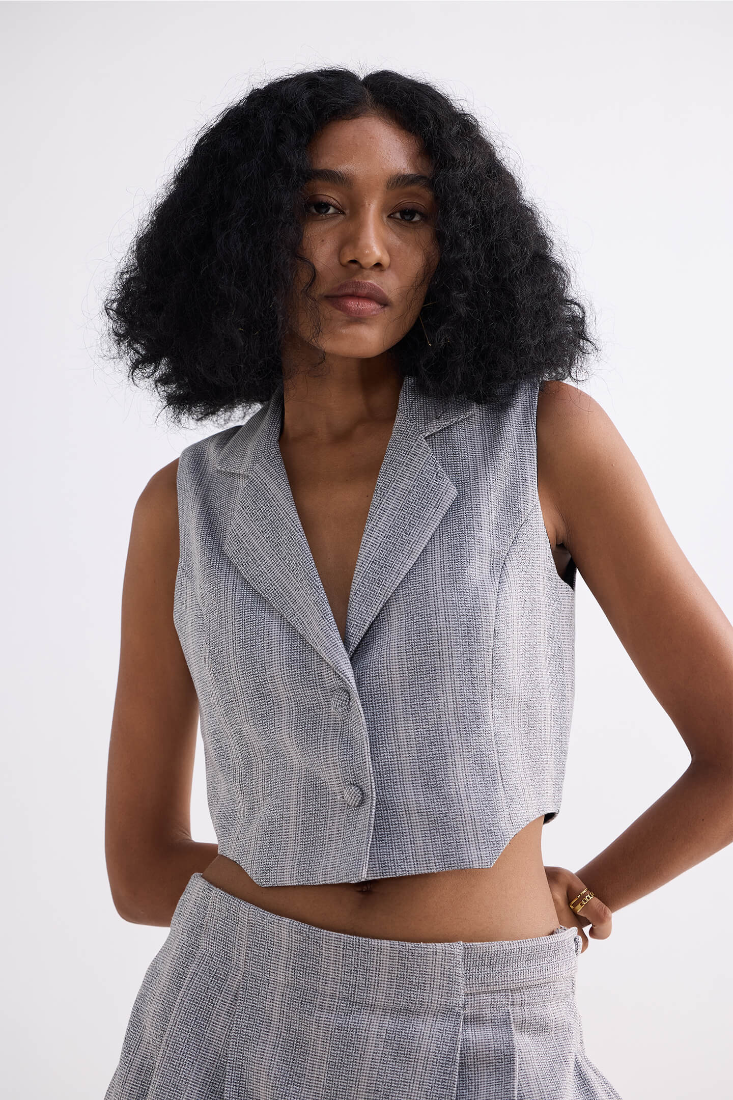 Cropped Cotton Tweed Vest in Grey Closeup