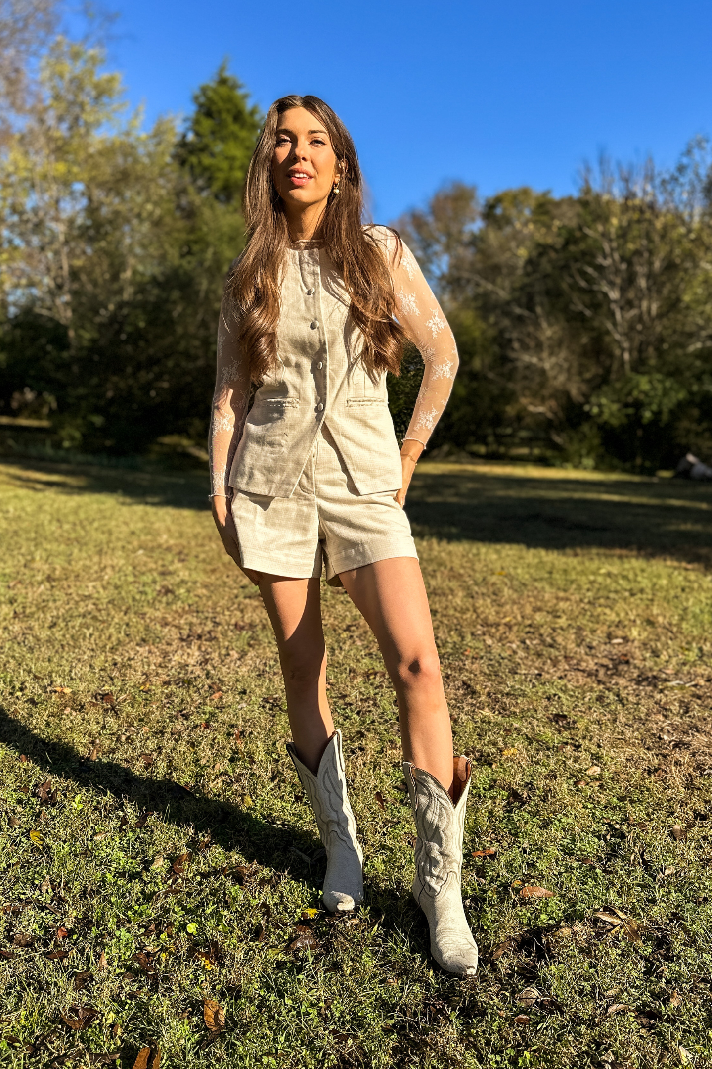 Cotton Tweed Vest Jacket Set in Cream Sunny view