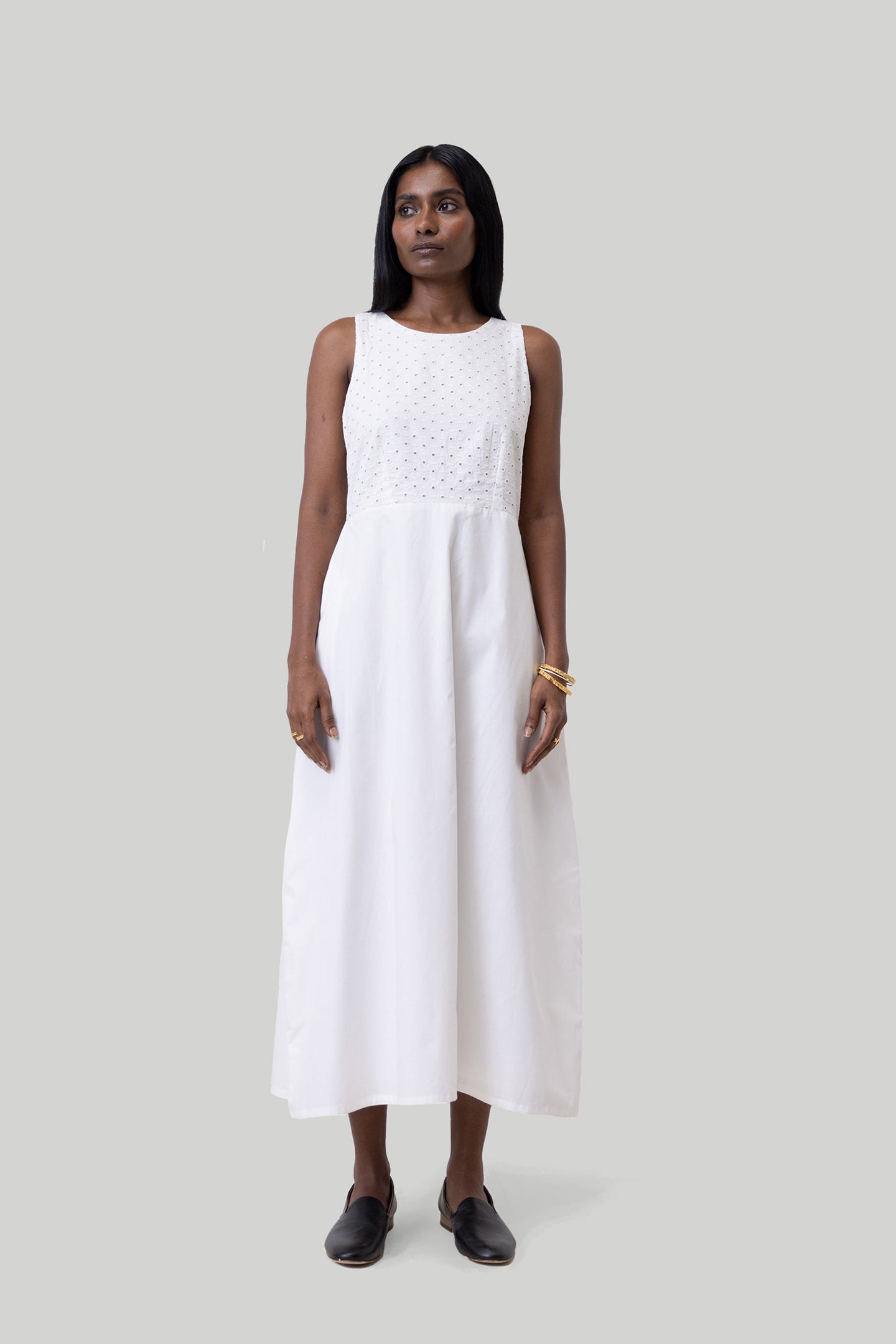 Cross-back Midi Dress in Eyelet Embroidery Reistor Cross-back Midi Dress in Eyelet Embroidery Reistor