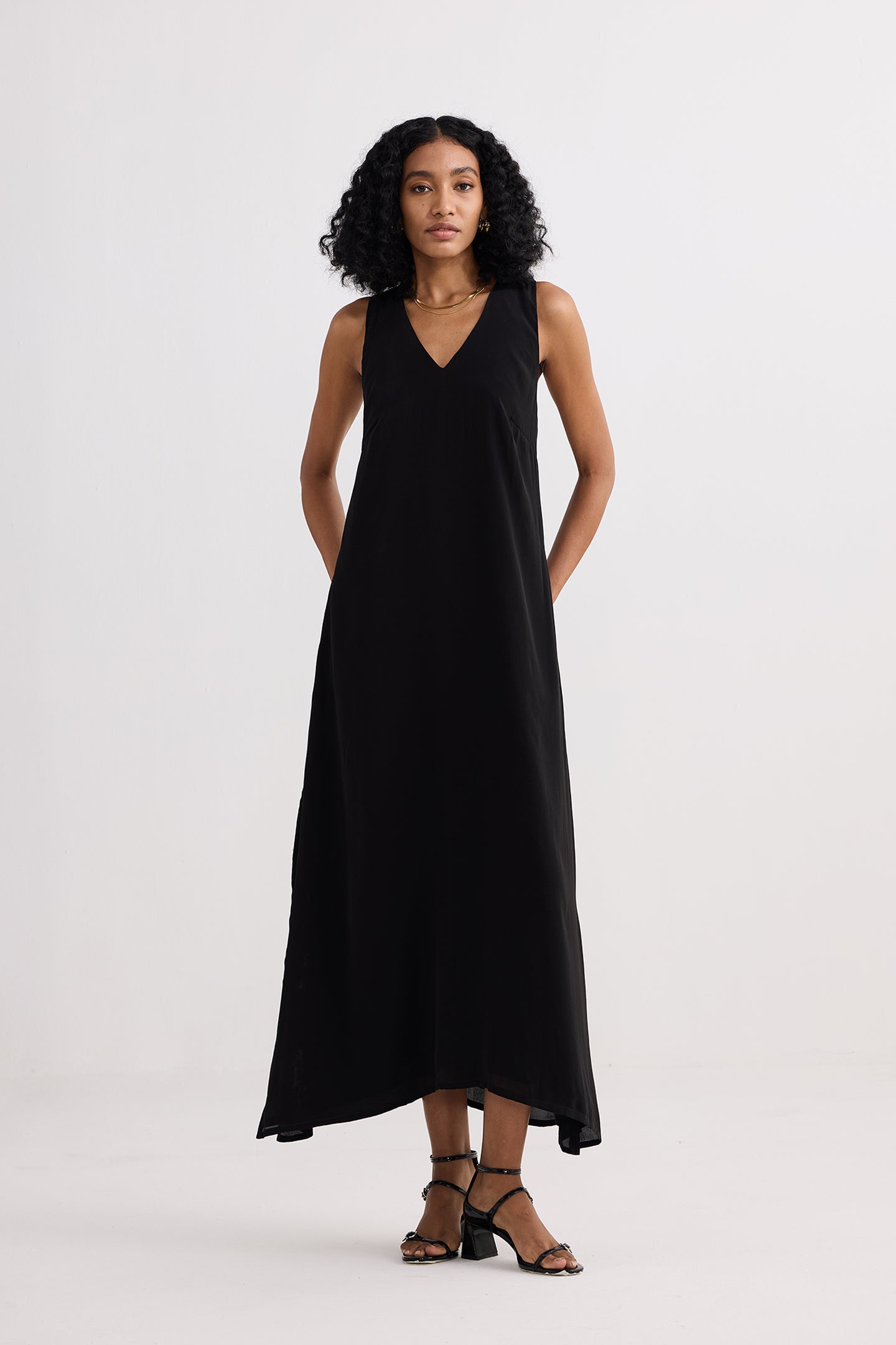 chic black maxi dress Feathered Cuffs Tie-Waist Satin Maxi Dress in Black Black M
