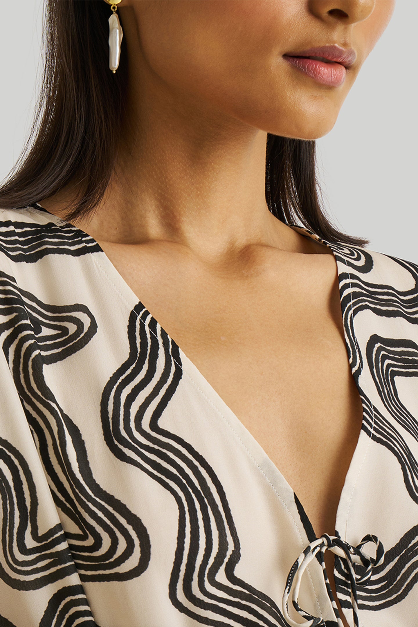 DeepV-neckGatheredDressinBlackStripes