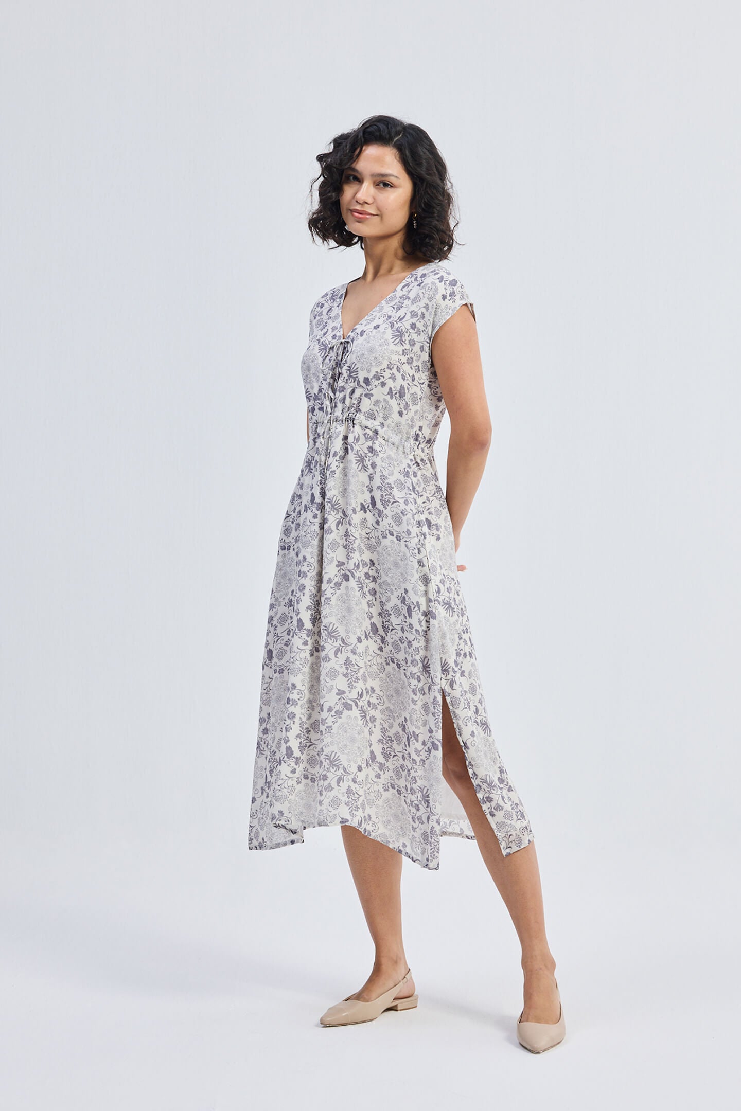 Deep V-neck Gathered Dress in Florals Side