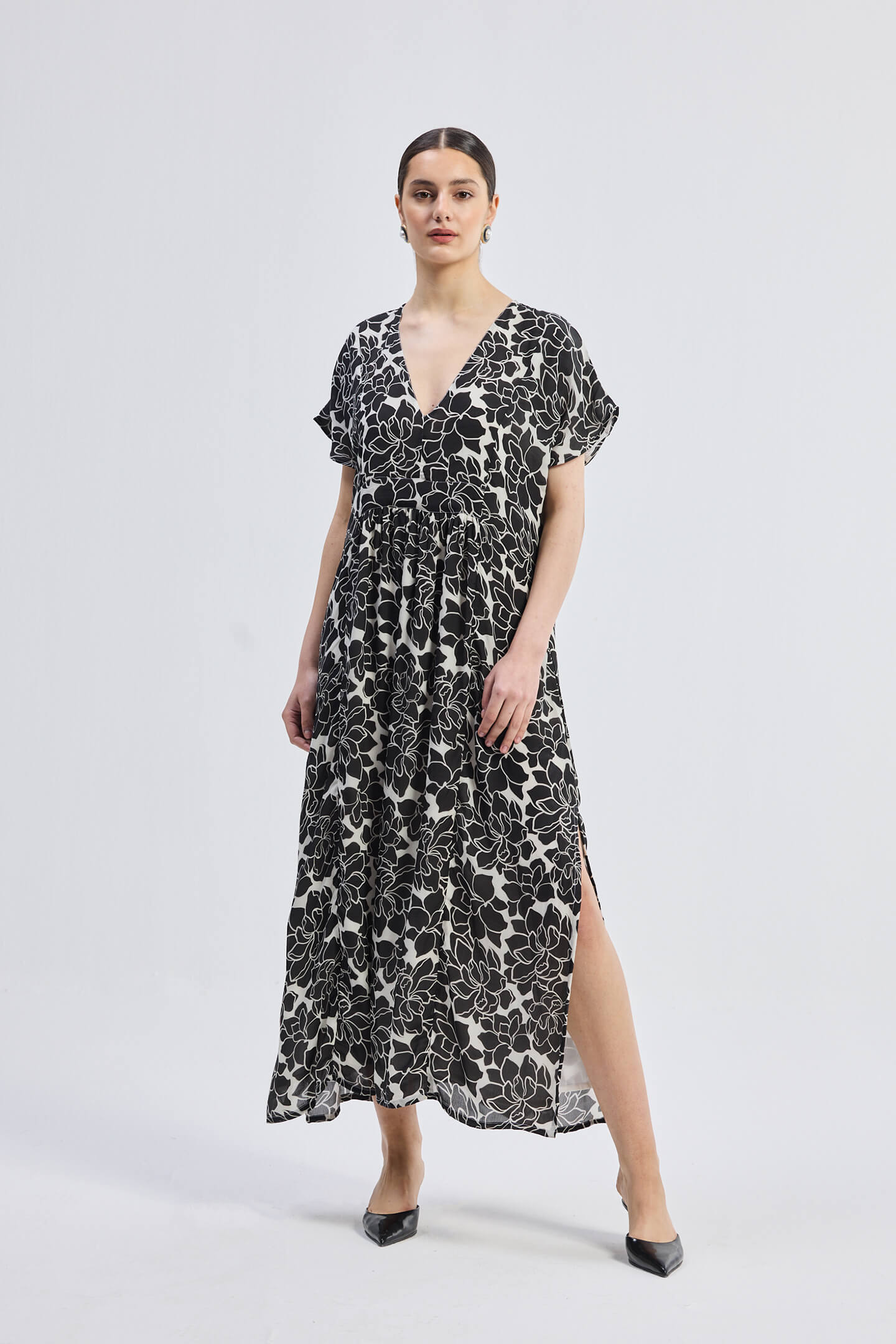 Deep V-neck Maxi Dress with Front Gathers in Black Florals Front