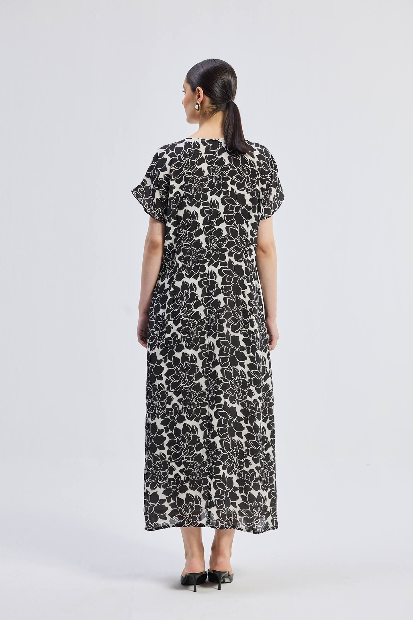 Deep V-neck Maxi Dress with Front Gathers in Black Florals Back