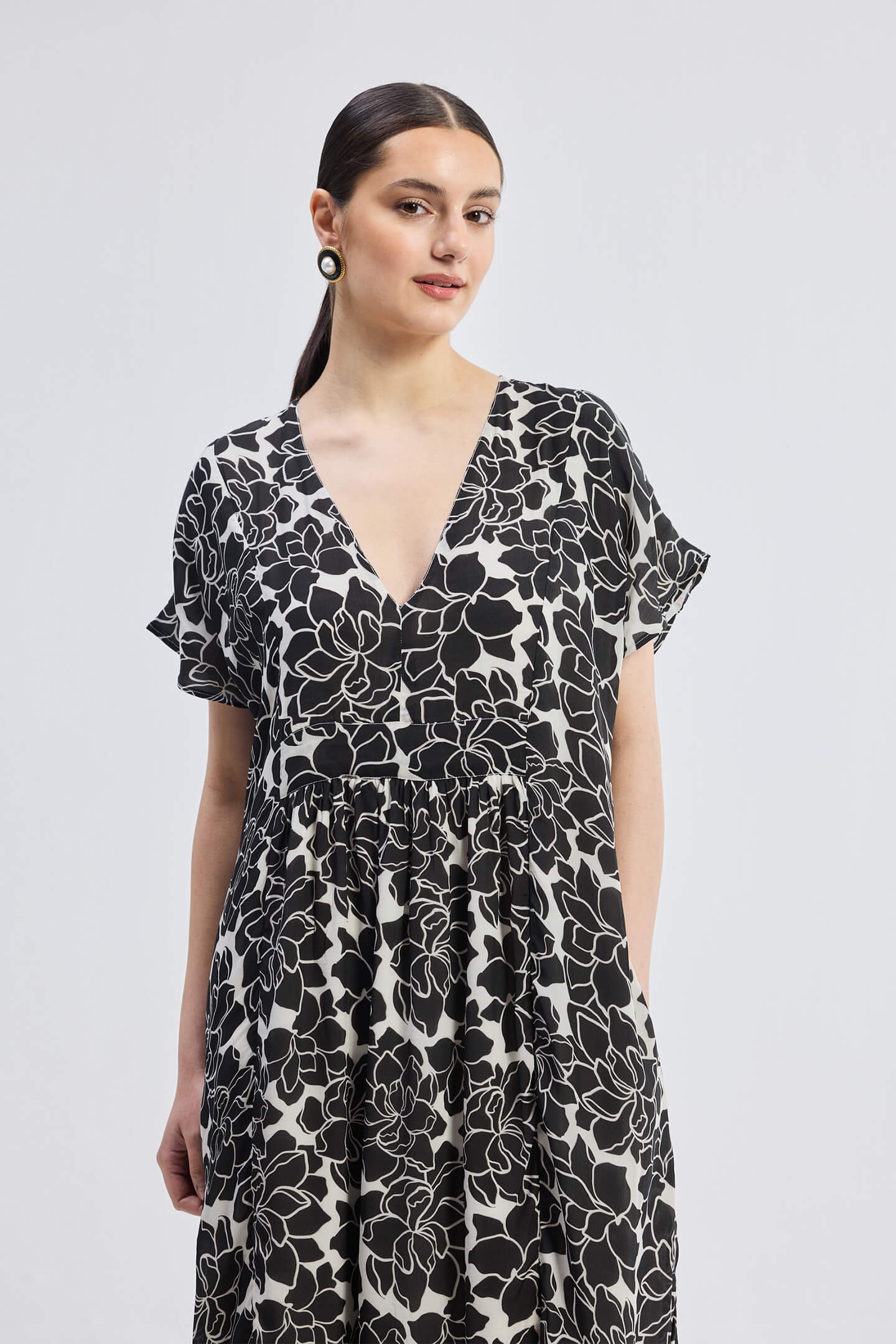 Deep V-neck Maxi Dress with Front Gathers in Black Florals Closeup