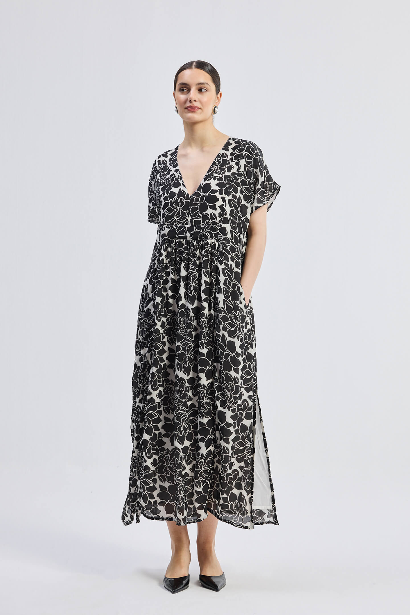 Deep V-neck Maxi Dress with Front Gathers in Black Florals Front