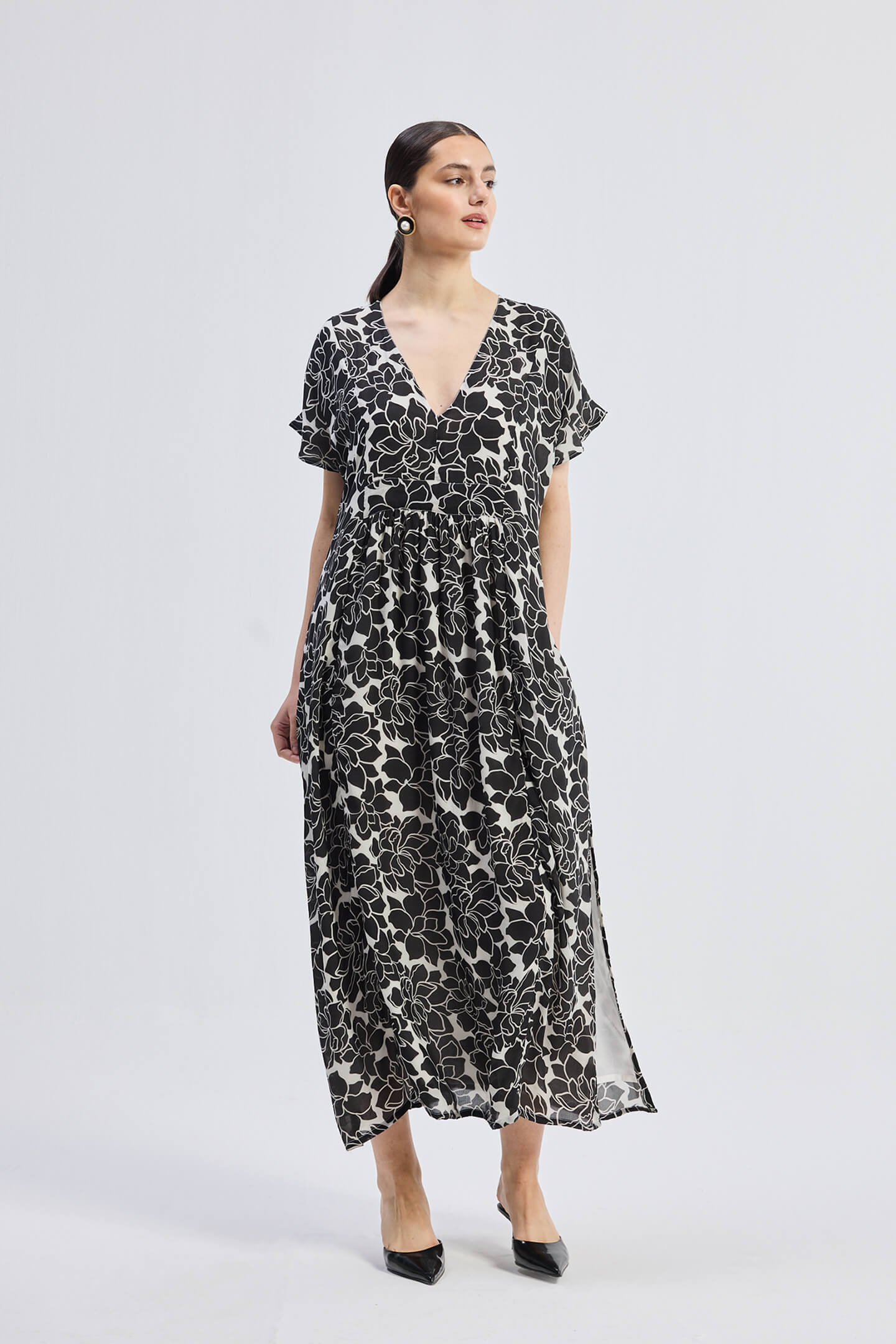 Deep V-neck Maxi Dress with Front Gathers in Black Florals Front