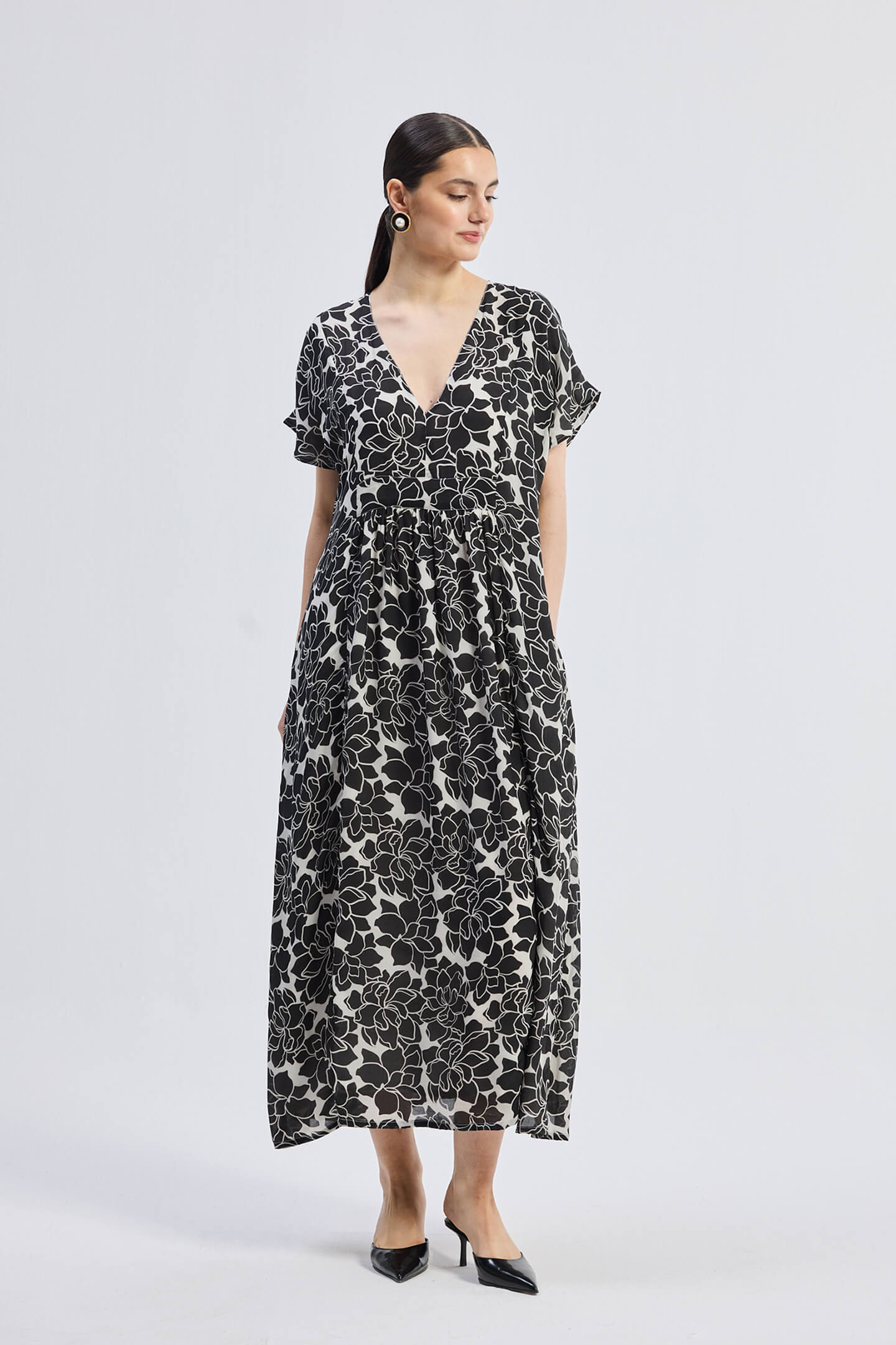 Deep V-neck Maxi Dress with Front Gathers in Black Florals Front