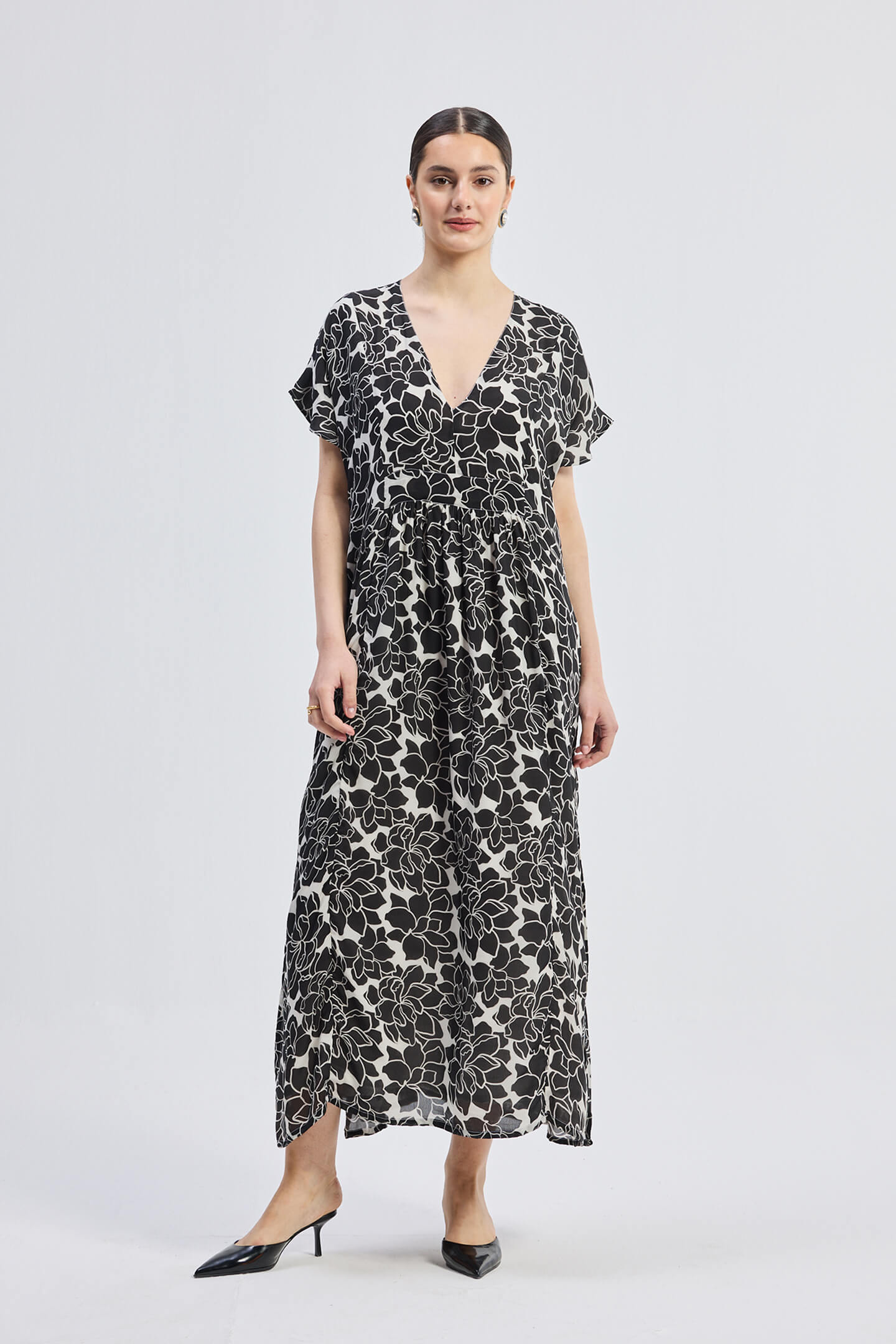 Deep V-neck Maxi Dress with Front Gathers in Black Florals Front