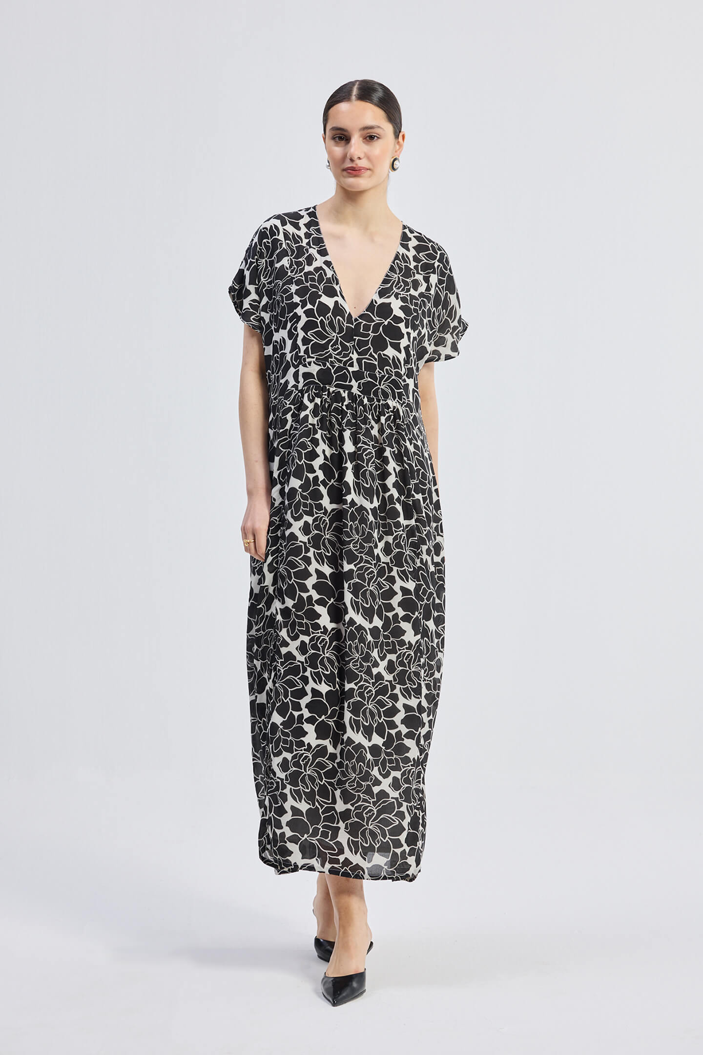 Deep V-neck Maxi Dress with Front Gathers in Black Florals Front