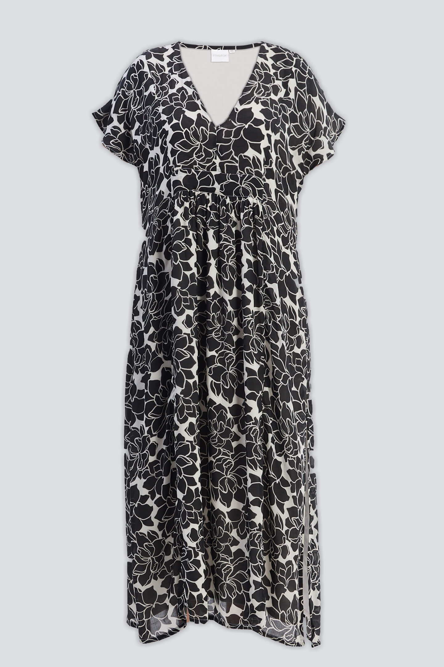 Deep V-neck Maxi Dress with Front Gathers in Black Florals Flat Lay