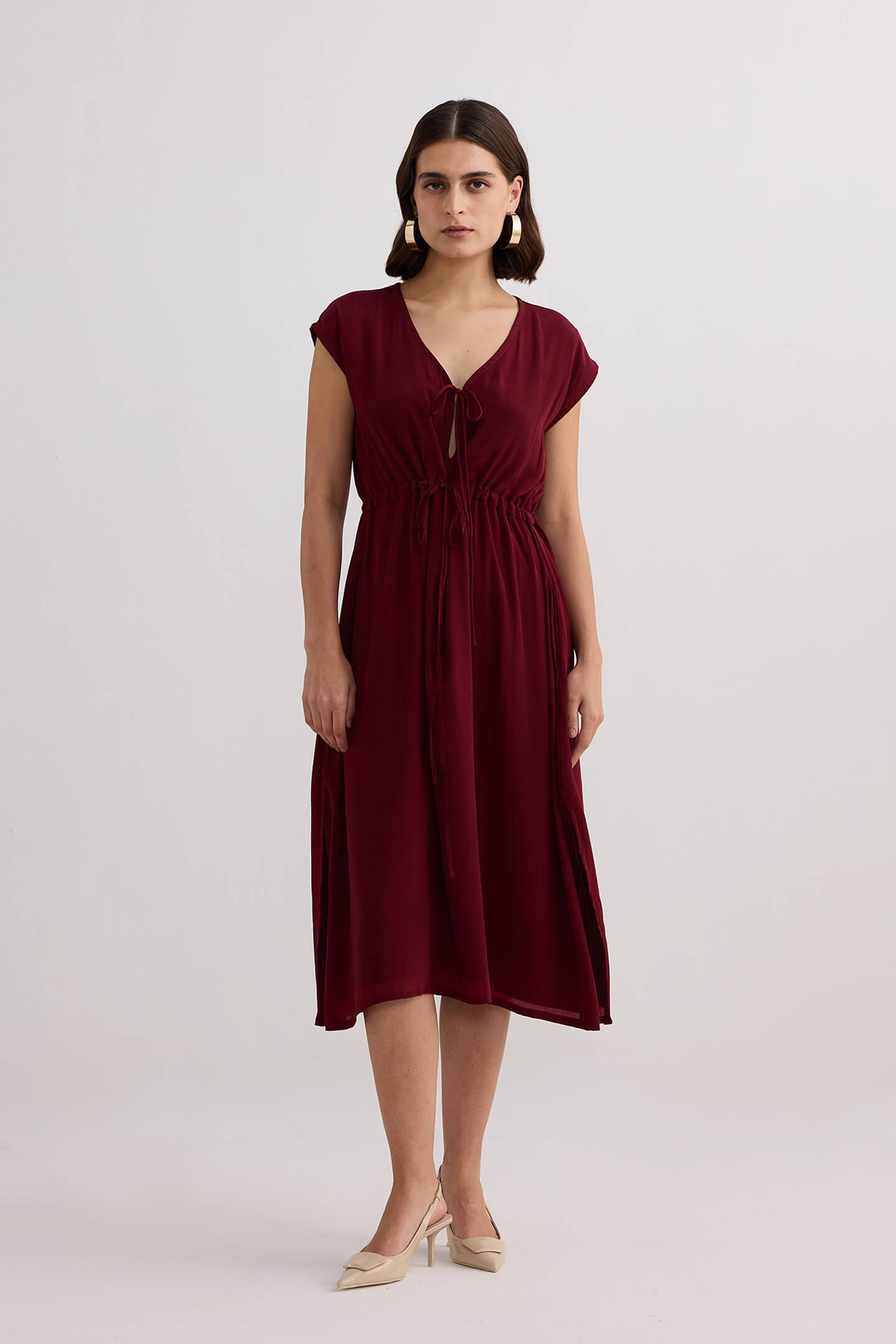 Deep V-neck Gathered Dress in Burgundy